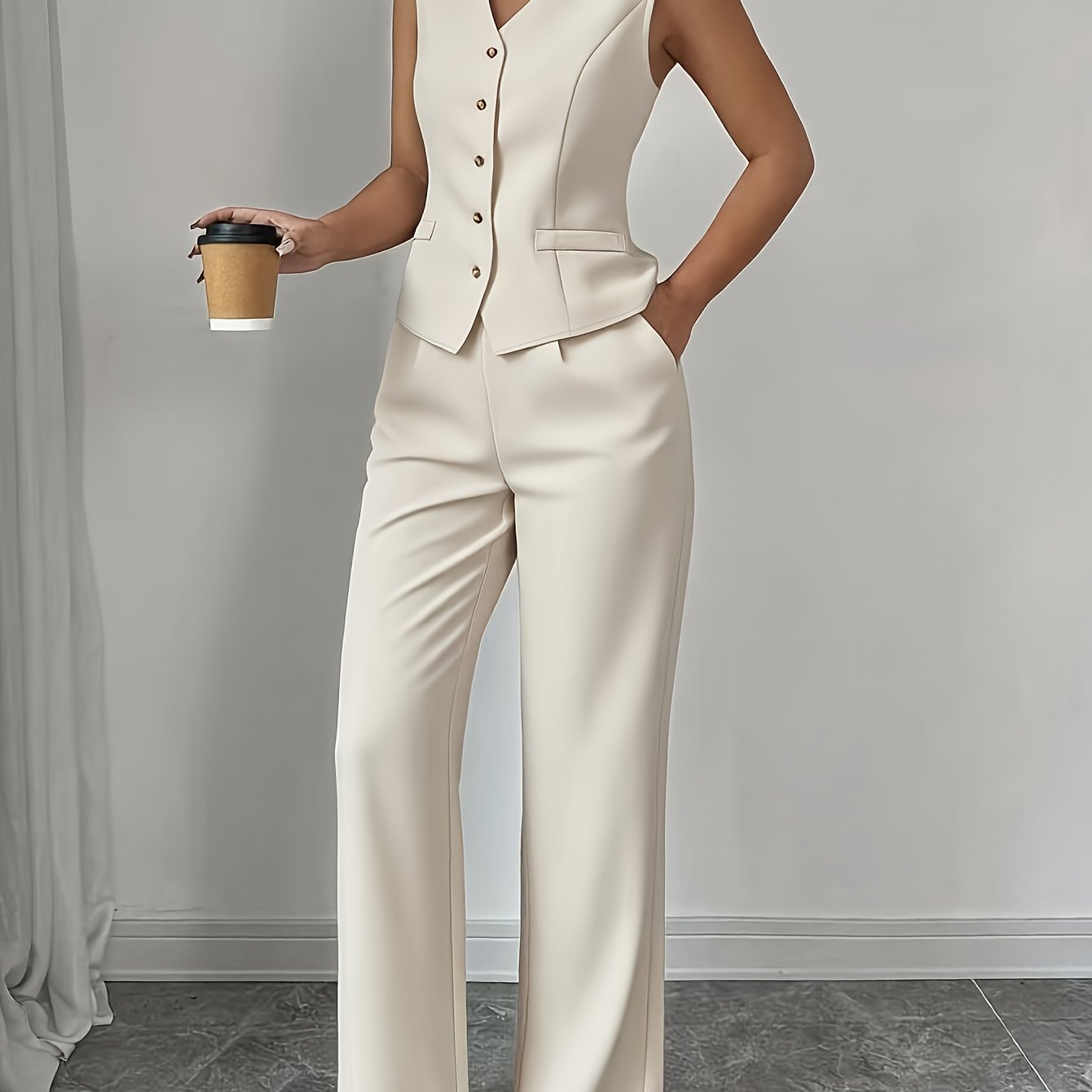 Conjunto Elegante de Colete Sem Mangas com Decote em V e Calça Reto para Mulheres, Ideal para Uso Casual