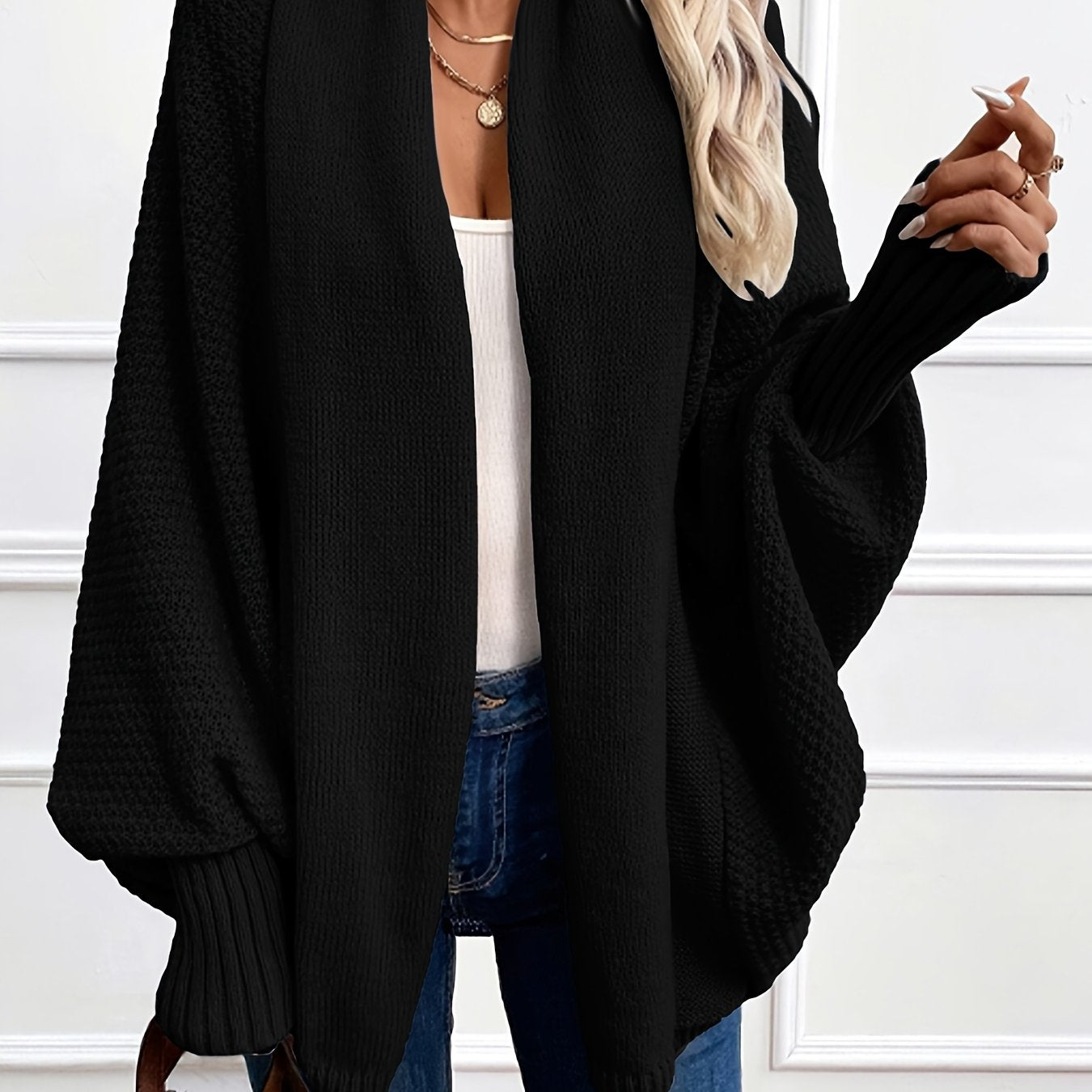 Cardigan Elegante de Cor Lisa com Mangas Lanterna e Gola Chales para Mulher, Ideal para o Outono e Inverno.