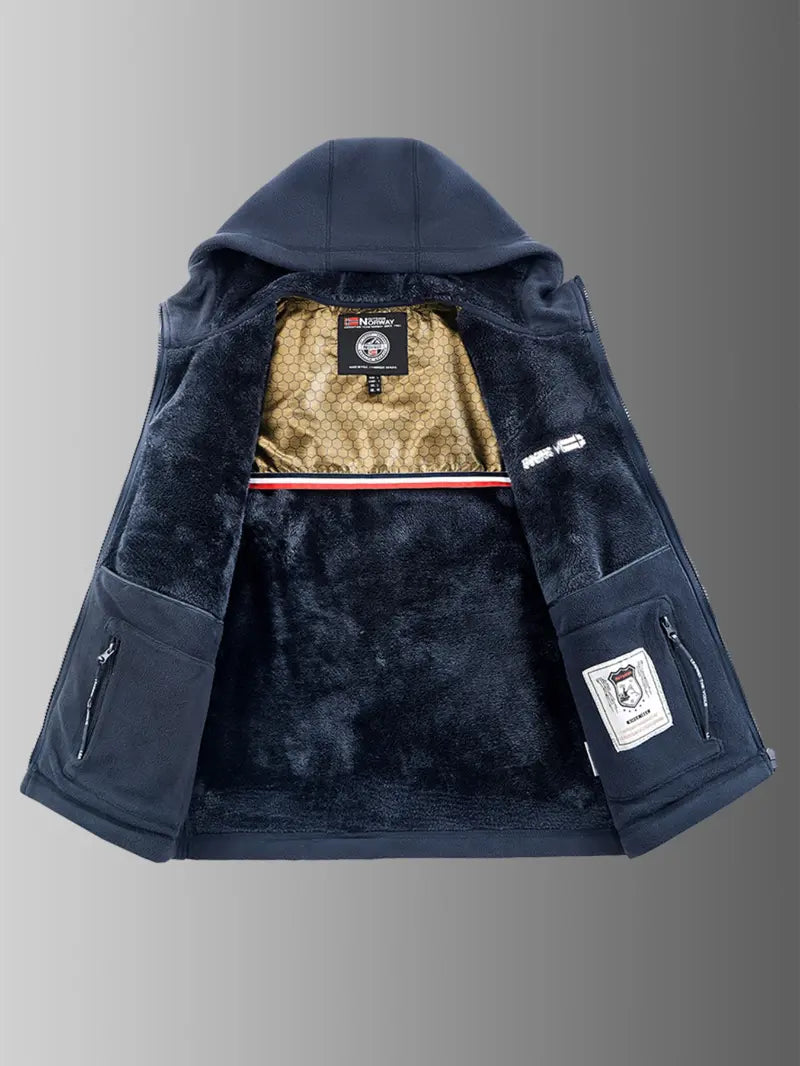 Men's Hooded Casual Fleece Jacket with Zipper, Embroidered Letter Design