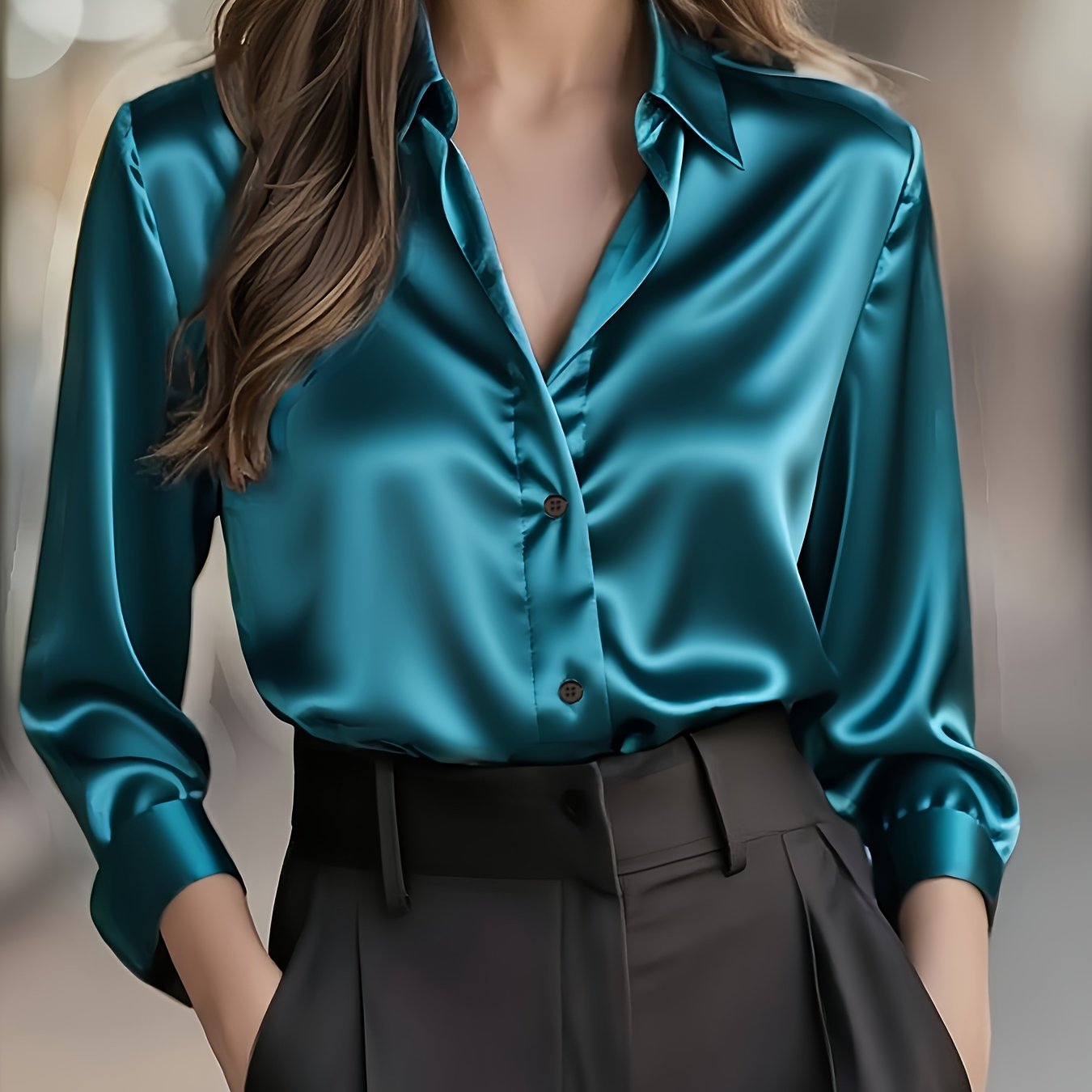 Blusa Elegante de Cetim de Cor Sólida para Mulher | Estação Primavera/Outono, Manga Comprida, Abotoadura Simples, Corte Normal