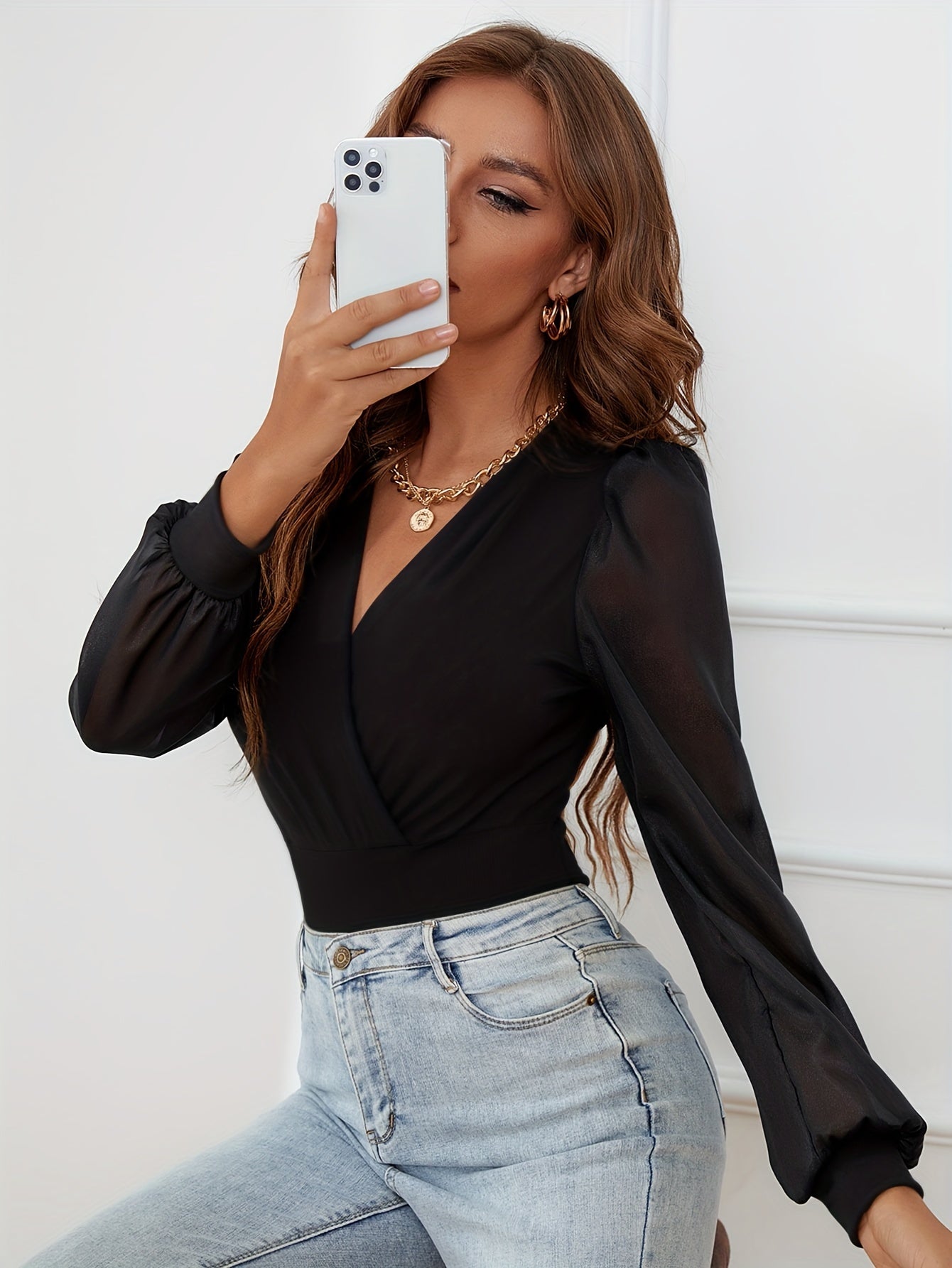 Blusa Elegante e Sensual com Decote em V e Manga Longa - Top Ajustado, Preto Sólido, Camisa de Média Elasticidade e Lavável na Máquina para Uso o Ano Todo, Escritório e Trajes