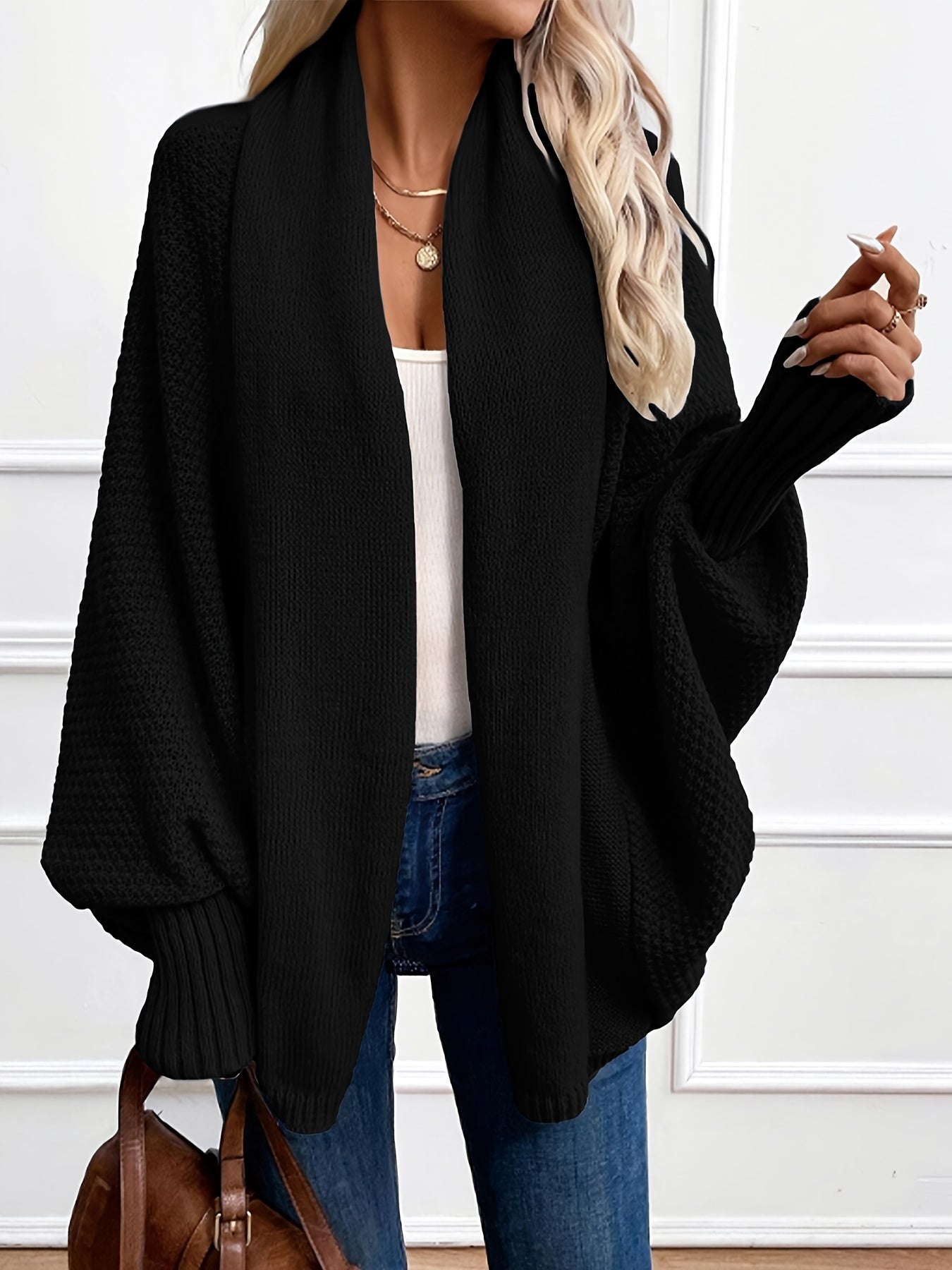 Cardigan Elegante de Cor Lisa com Mangas Lanterna e Gola Chales para Mulher, Ideal para o Outono e Inverno.