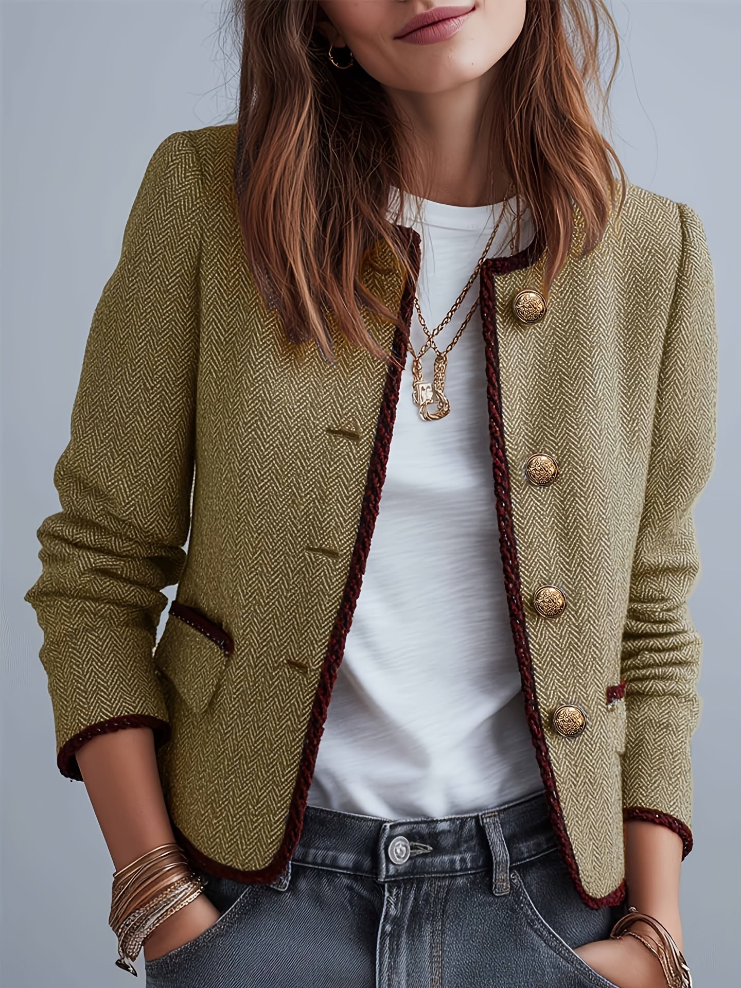 Blazer Elegante de Pata de Canguru Feminino, Casaco de Outono/Inverno com Detalhe de Carcela Vermelha, Fecho de Botões de Um Botão, Corte Regular, Comprimento Curto, Versátil para Uso Casual, Fim de Semana e Formal, Cor Sólida, Manga Regular, Respirável