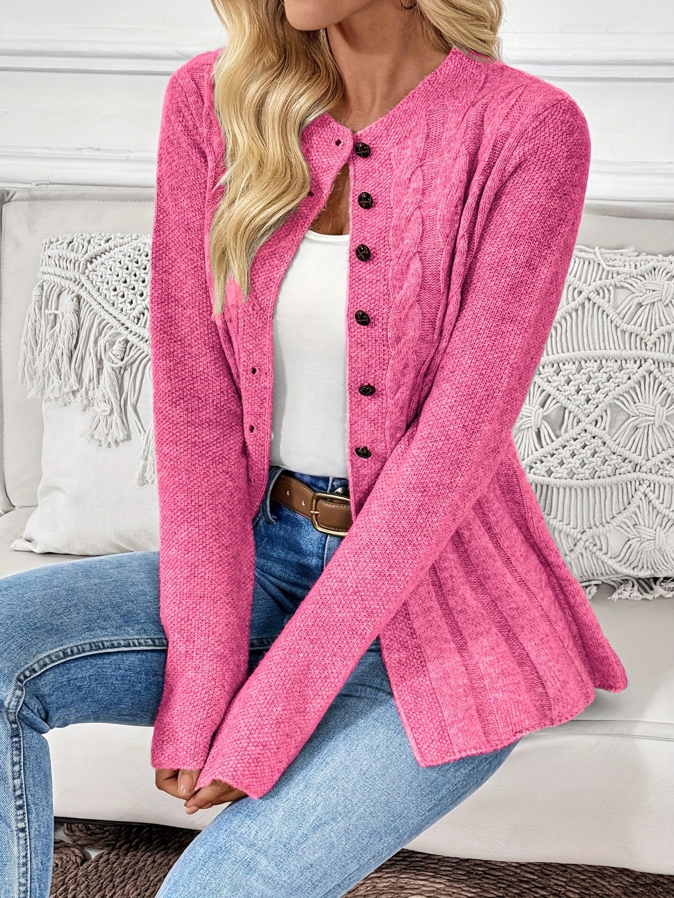 Cardigã Feminino Elegante de Manga Longa - Suéter Macio e Elástico com Detalhe Torcido, Gola Redonda e Corte Regular para Outono/Inverno, Ideal para Looks Casuais ou Formais