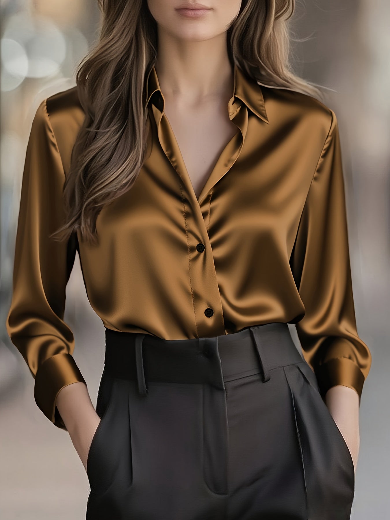 Blusa Elegante de Cetim de Cor Sólida para Mulher | Estação Primavera/Outono, Manga Comprida, Abotoadura Simples, Corte Normal