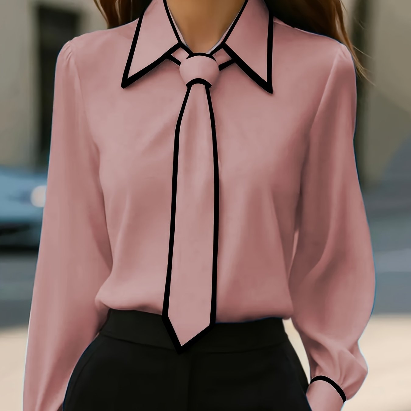 Camisa Elegante de Gola Contrastante para Todas as Estações | Cor Sólida, Estilo Lapela com Detalhes de Botões