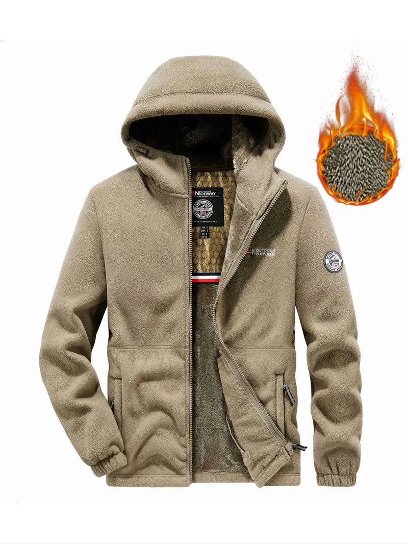 Men's Hooded Casual Fleece Jacket with Zipper, Embroidered Letter Design