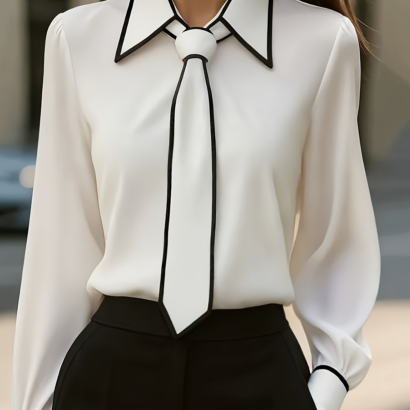 Camisa Elegante de Gola Contrastante para Todas as Estações | Cor Sólida, Estilo Lapela com Detalhes de Botões