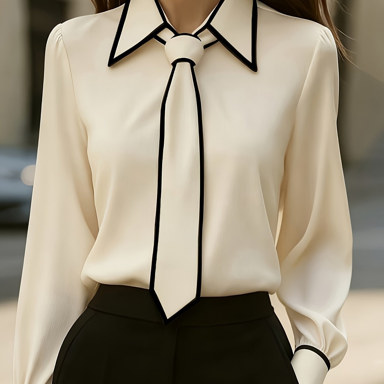 Camisa Elegante de Gola Contrastante para Todas as Estações | Cor Sólida, Estilo Lapela com Detalhes de Botões