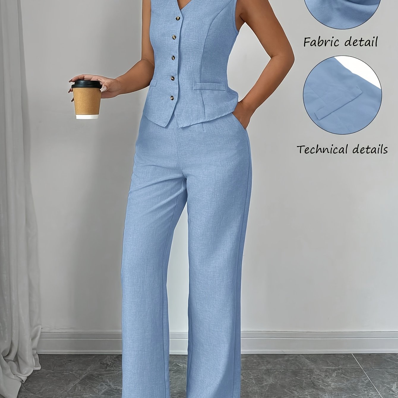 Conjunto Elegante de Colete Sem Mangas com Decote em V e Calça Reto para Mulheres, Ideal para Uso Casual