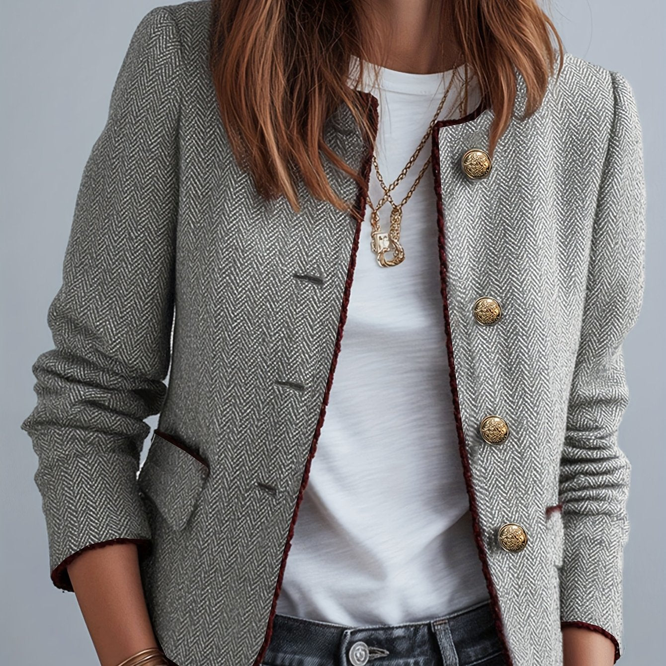 Casaco Elegante Casual de Mulher em Tweed Espinha de Peixe para as Quatro Estações com Cinto | Cor Sólida, Design Sem Gola
