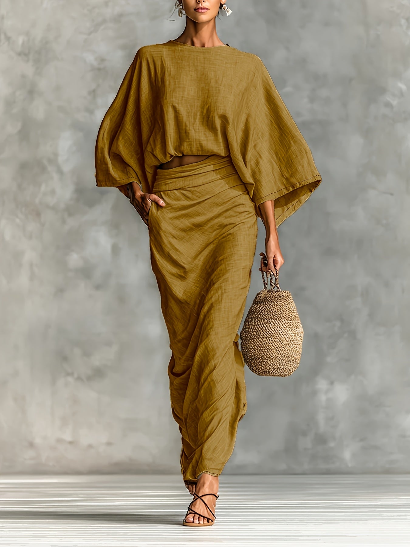 Conjunto Elegante de Top Curto com Mangas Morcego e Saia Dividida de Cintura Subida | Cor Sólida, Gola Redonda, Detalhe de Bolso, Roupa Casual Versátil