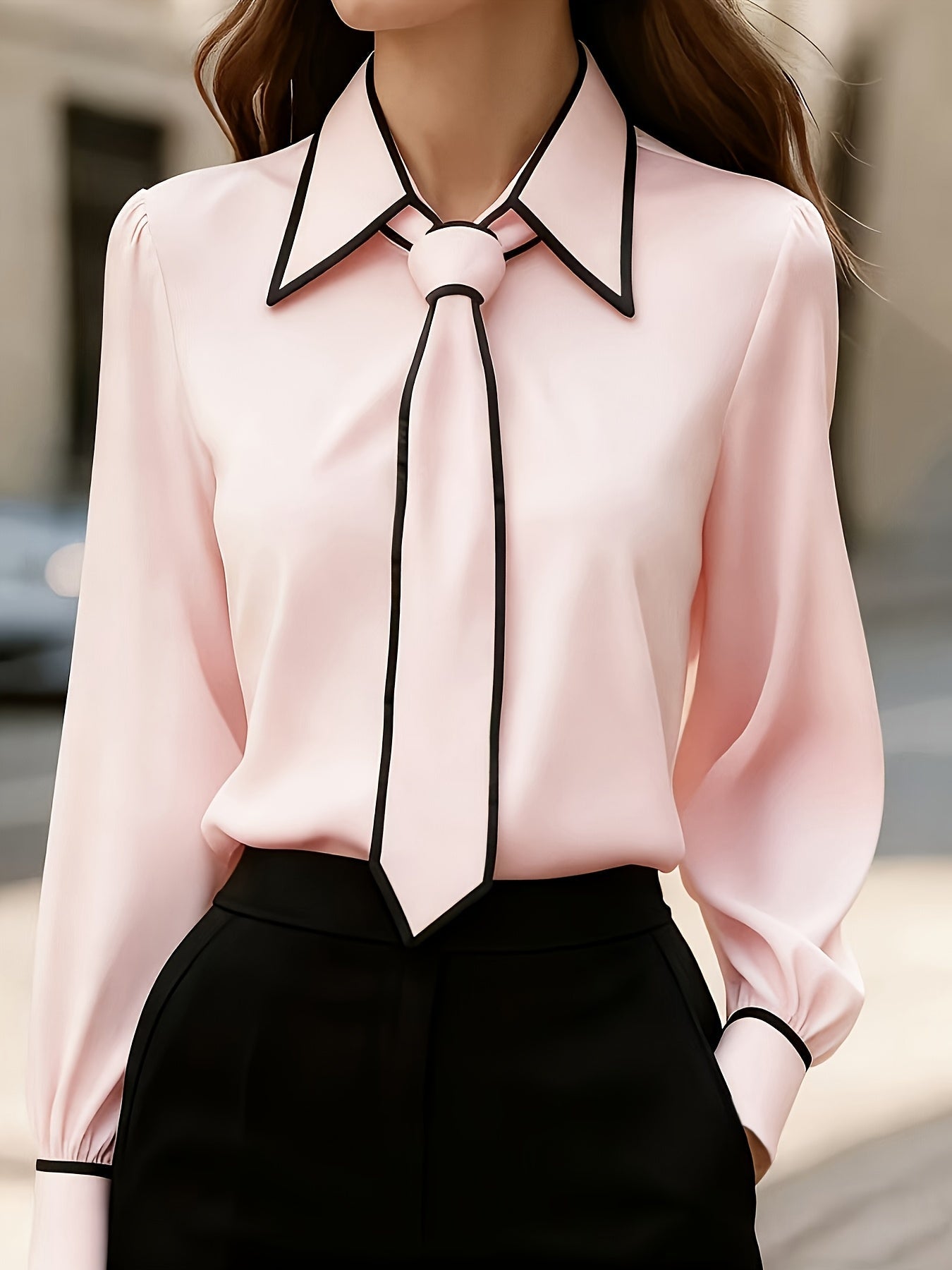 Camisa Elegante de Gola Contrastante para Todas as Estações | Cor Sólida, Estilo Lapela com Detalhes de Botões