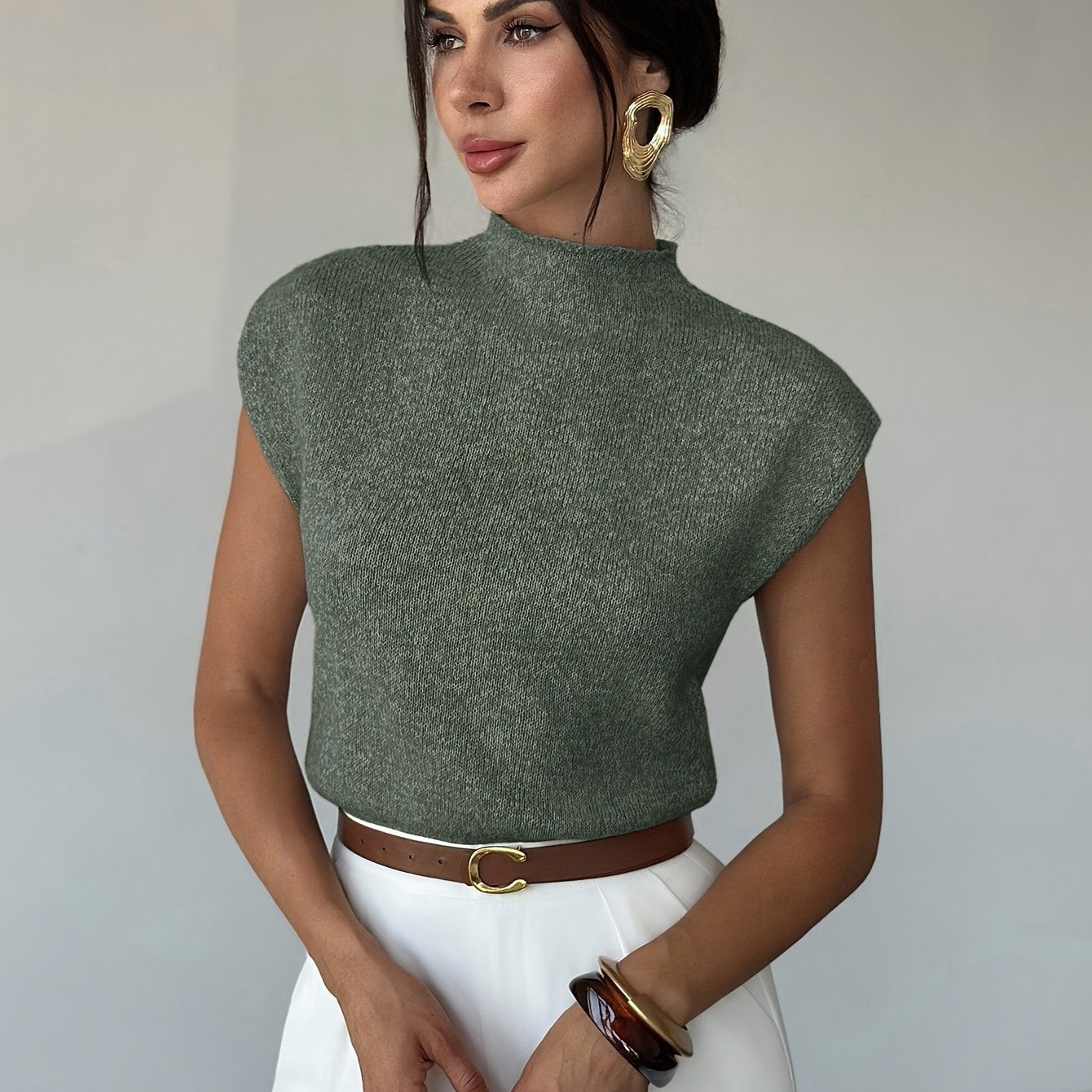 Conjunto de Roupa de Escritório Elegante e Casual para Mulher, Incluindo um Camisola de Malha de Manga Curta, Gola Alta e Corte Solto, Versátil para o Outono e Inverno, Adequado para Professores e Looks do Dia a Dia