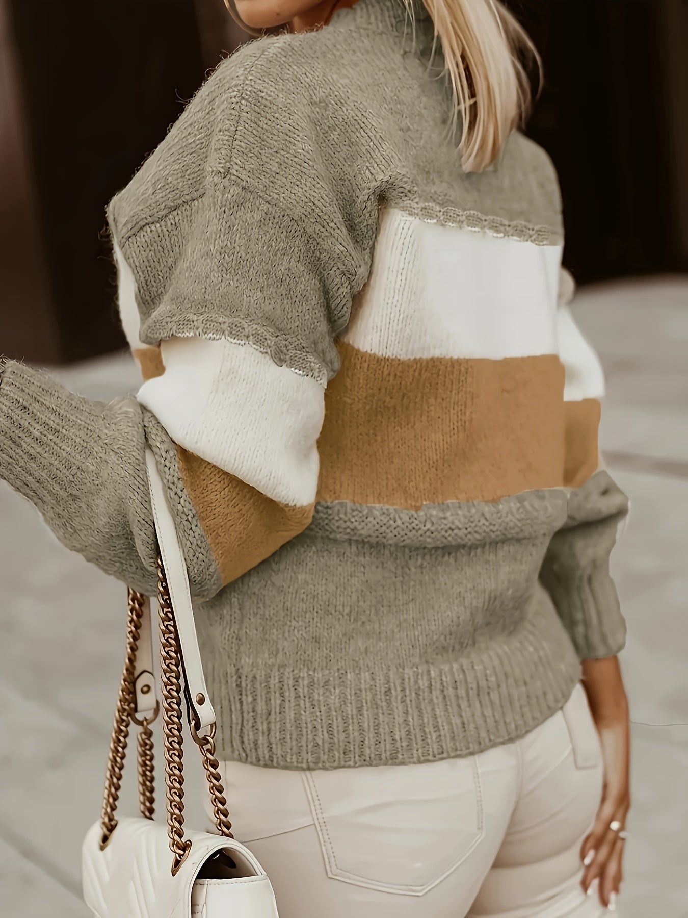 Novo Suéter de Inverno Feminino com Listras e Bloco de Cores, Gola Redonda, Casual e Elegante