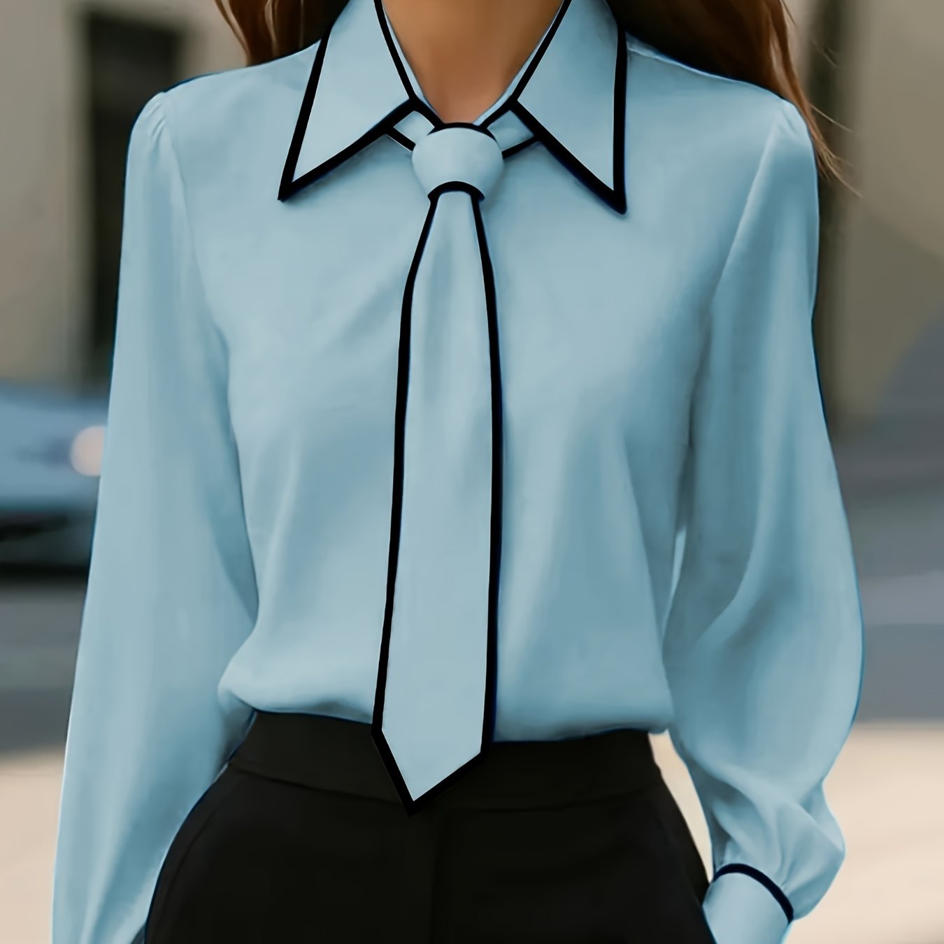 Camisa Elegante de Gola Contrastante para Todas as Estações | Cor Sólida, Estilo Lapela com Detalhes de Botões