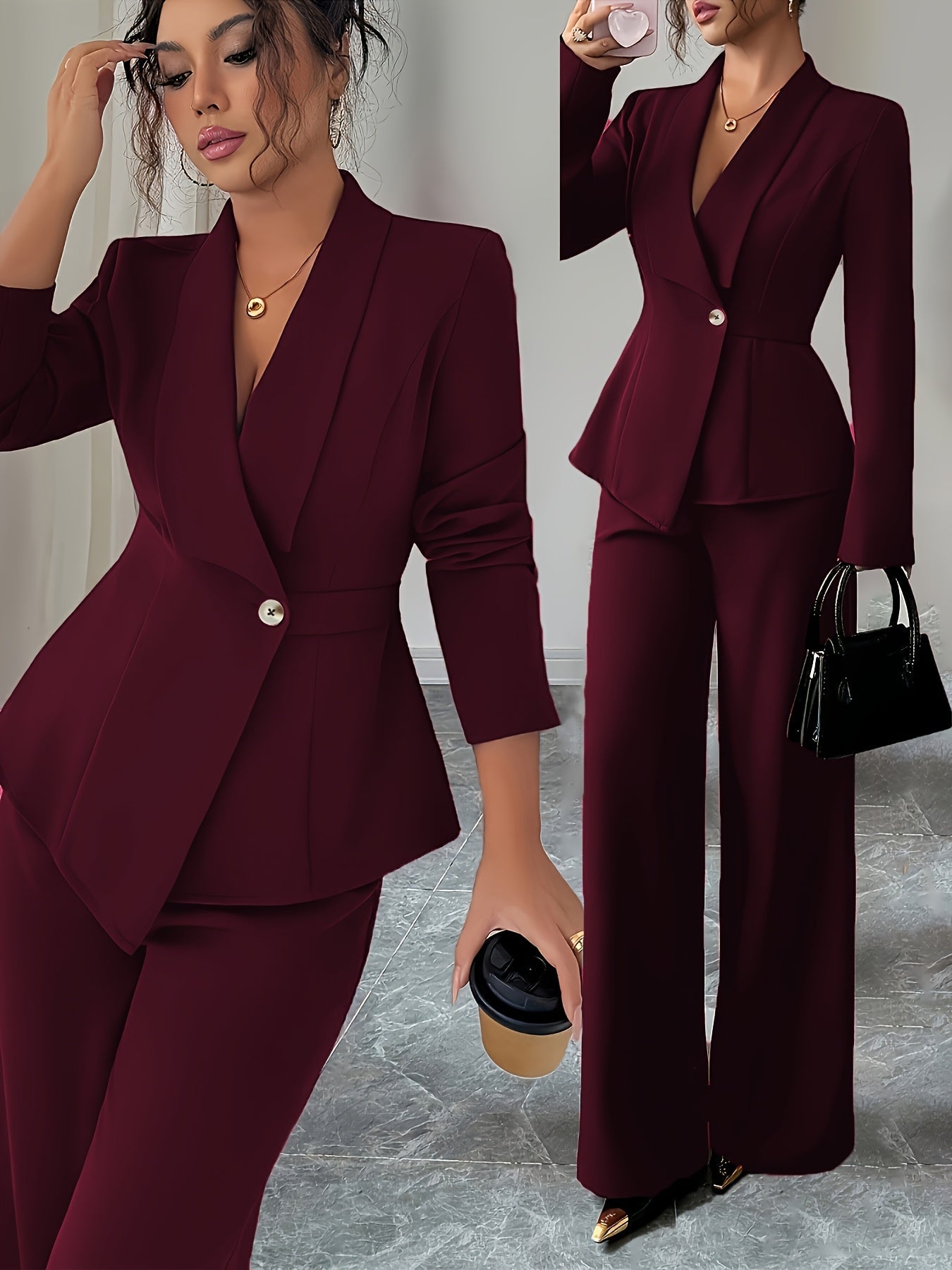 Terno feminino de cor sólida, requintado e elegante, ideal para escritório, deslocamento, estilo urbano, romance francês, casual, retrô do Oriente Médio, chá da tarde, festa, Ação de Graças, volta às aulas, primavera/outono/inverno, terno de duas peças pa