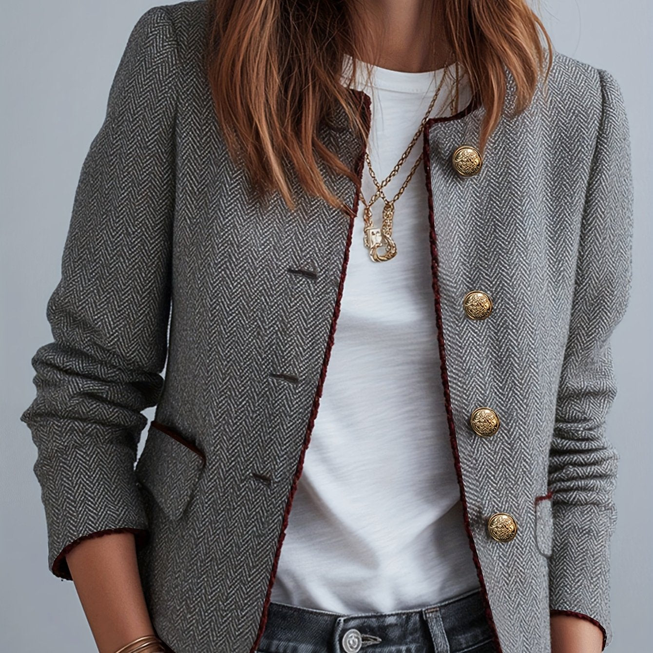 Casaco Elegante Casual de Mulher em Tweed Espinha de Peixe para as Quatro Estações com Cinto | Cor Sólida, Design Sem Gola
