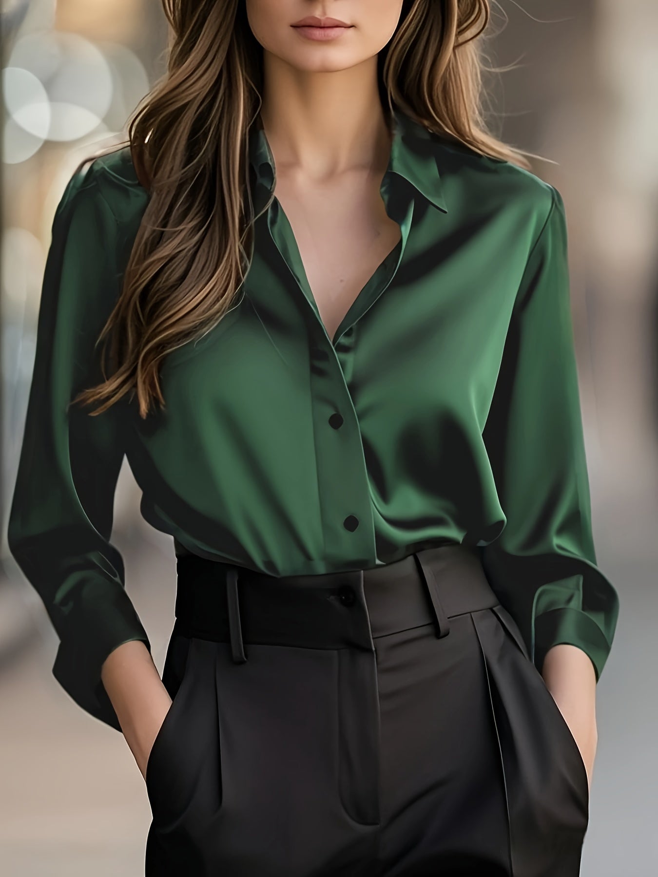 Blusa Elegante de Cetim de Cor Sólida para Mulher | Estação Primavera/Outono, Manga Comprida, Abotoadura Simples, Corte Normal