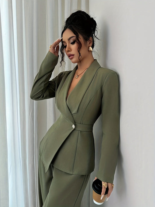 Conjunto de Roupa de Deslocações Moderno e Elegante em Cor Sólida | 2 Peças, Calças Elegantes com Detalhes de Botões para a Primavera/Outono