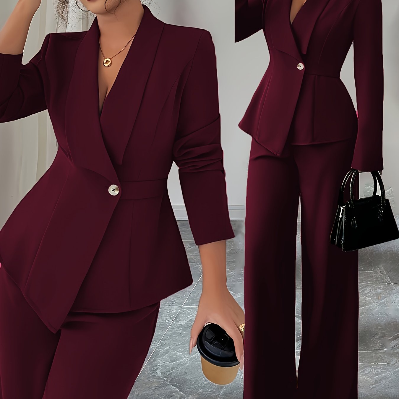 Terno feminino de cor sólida, requintado e elegante, ideal para escritório, deslocamento, estilo urbano, romance francês, casual, retrô do Oriente Médio, chá da tarde, festa, Ação de Graças, volta às aulas, primavera/outono/inverno, terno de duas peças pa
