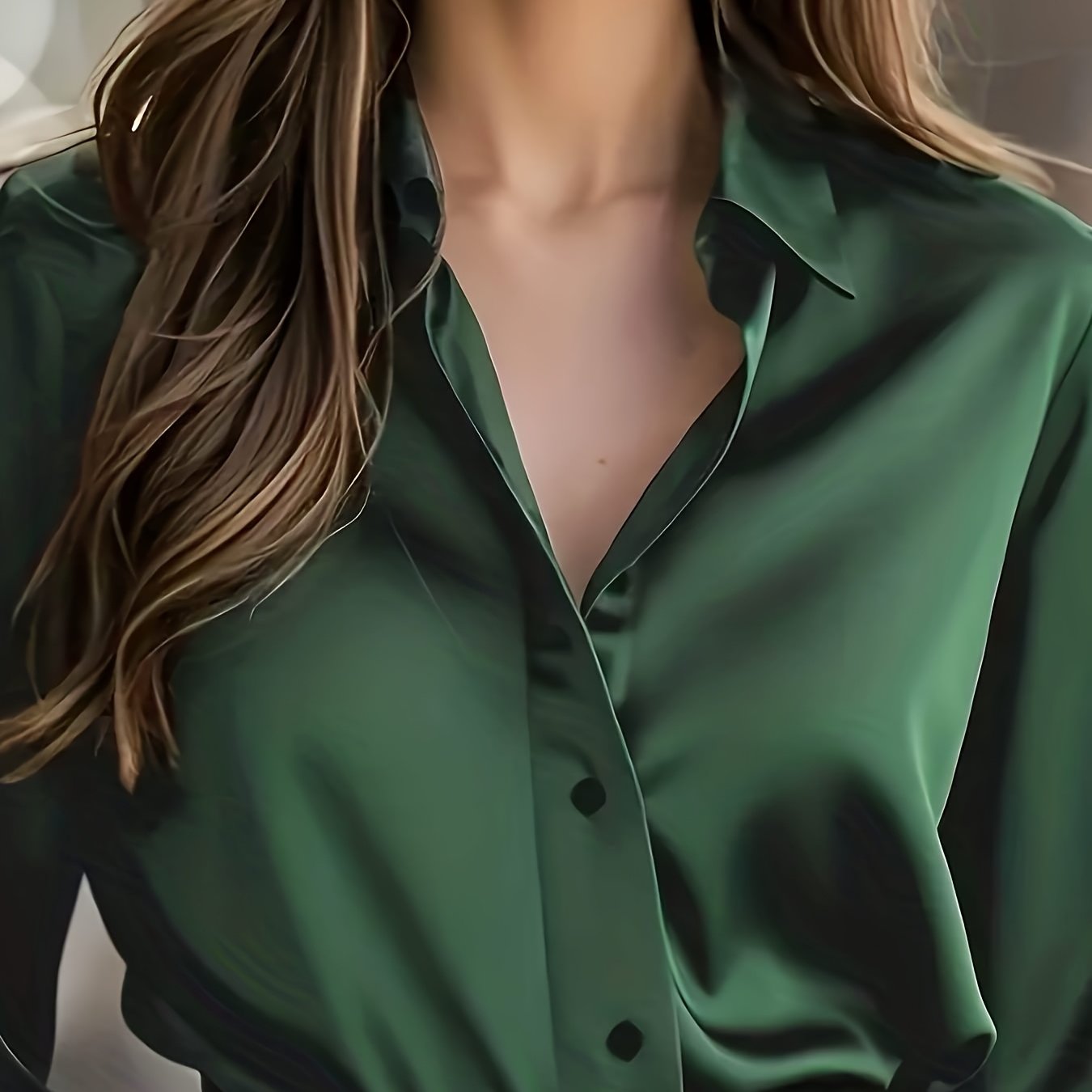 Blusa de Cetim de Manga Comprida para Mulher | Camisa Profissional Elegante com Decote em V para Escritório, Roupa Casual de Primavera/Outono, Corte Justo