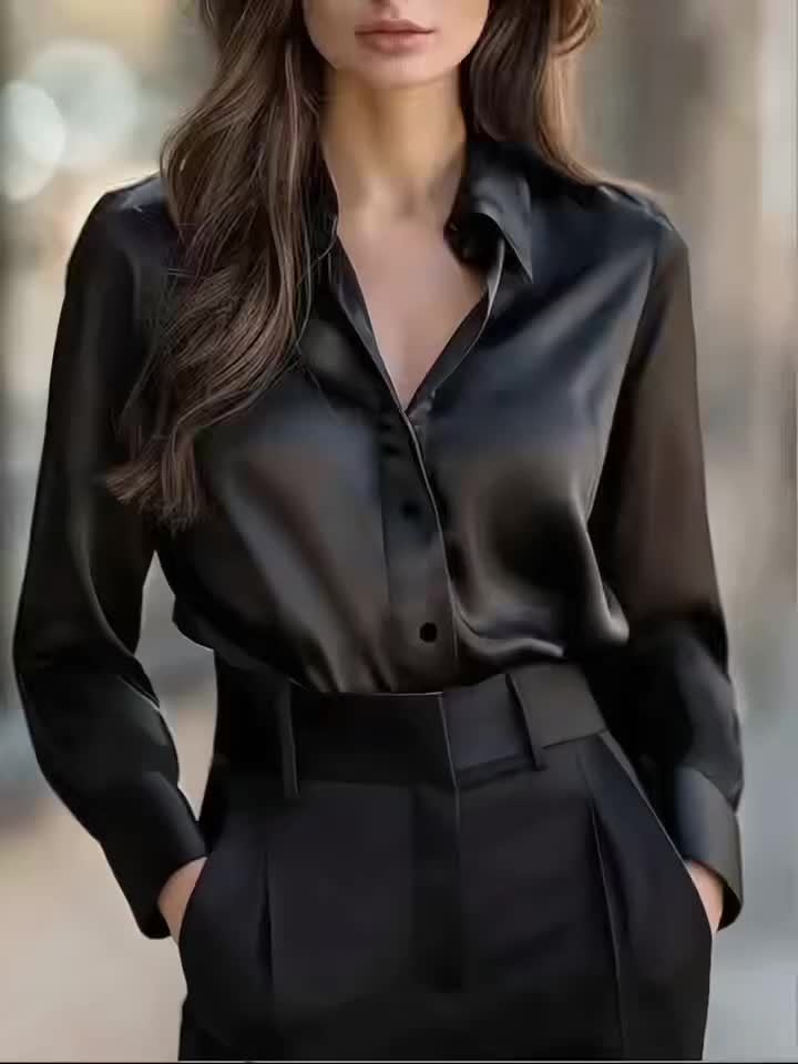 Blusa de Cetim de Manga Comprida para Mulher | Camisa Profissional Elegante com Decote em V para Escritório, Roupa Casual de Primavera/Outono, Corte Justo