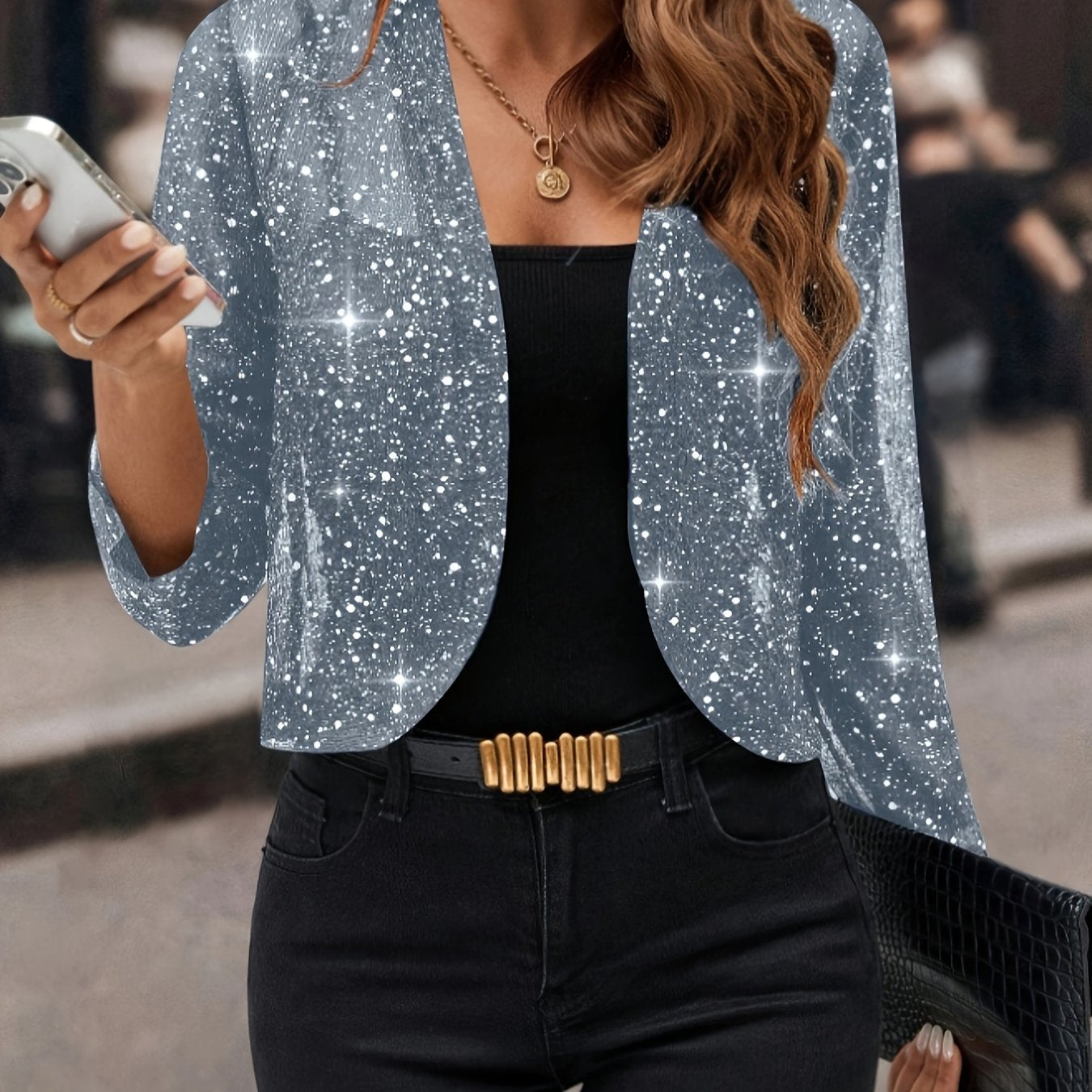 Jaqueta Cardigan Feminina com Lantejoulas e Glitter, Tecido Plissado em Folha Dourada Manga 3/4 Blazer Curto para Casual de Negócios