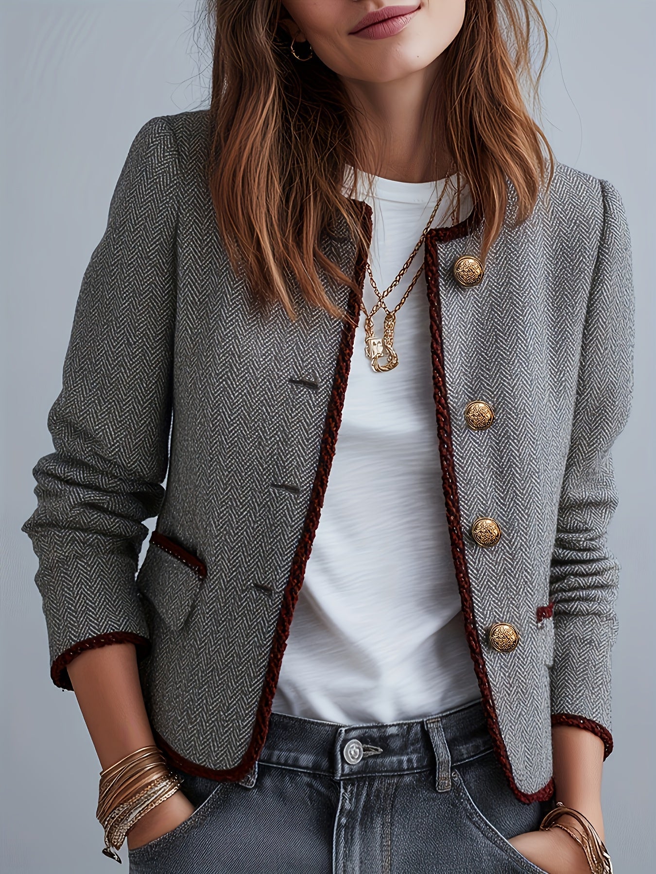 Blazer Elegante de Pata de Canguru Feminino, Casaco de Outono/Inverno com Detalhe de Carcela Vermelha, Fecho de Botões de Um Botão, Corte Regular, Comprimento Curto, Versátil para Uso Casual, Fim de Semana e Formal, Cor Sólida, Manga Regular, Respirável