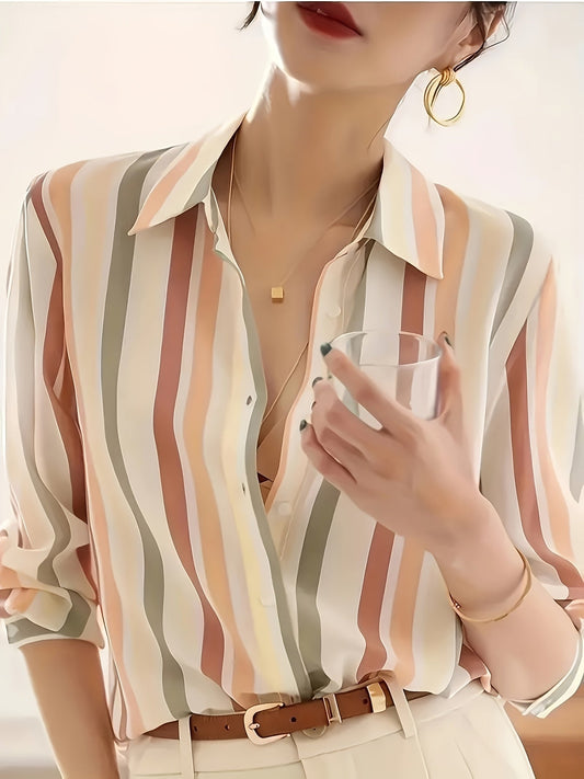 Camisa Casual de Manga Comprida às Riscas para Mulher | Riscas Verticais Pretas e Brancas, Leve, Ideal para Primavera/Verão/Outono | Gola de Lapela Clássica, Blusa Elegante e Moderna