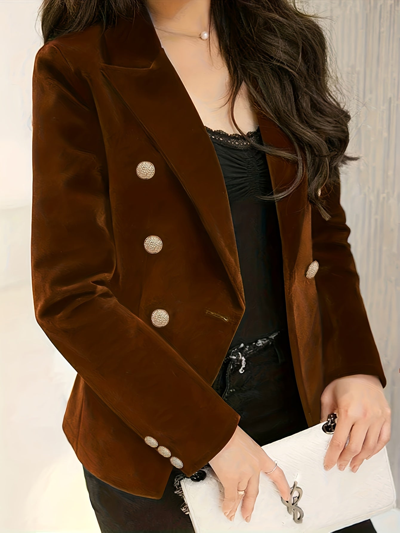 Blazer Elegante Feminino de Inverno com  Peito de Botões - Casaco de Terno de Cor Sólida Lavável à Máquina para Traje de Escritório Profissional, Guarda-Roupa de Outono/Inverno, Gola Clássica (Adequado para Eventos Semiformais)