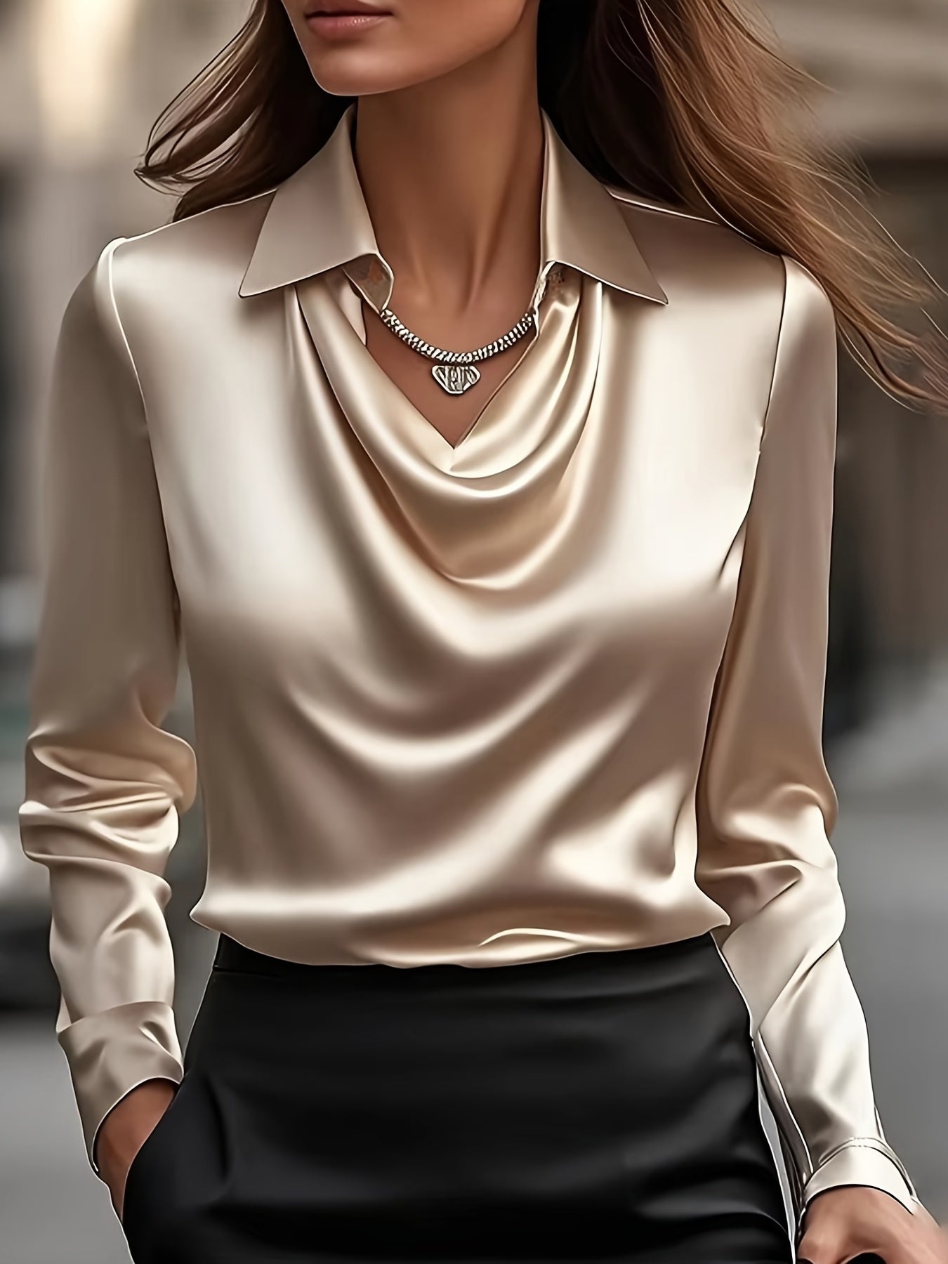 Camisa Feminina de Gola Alta, Top Solto e Simples com Gola Alta e Decote Oscilante