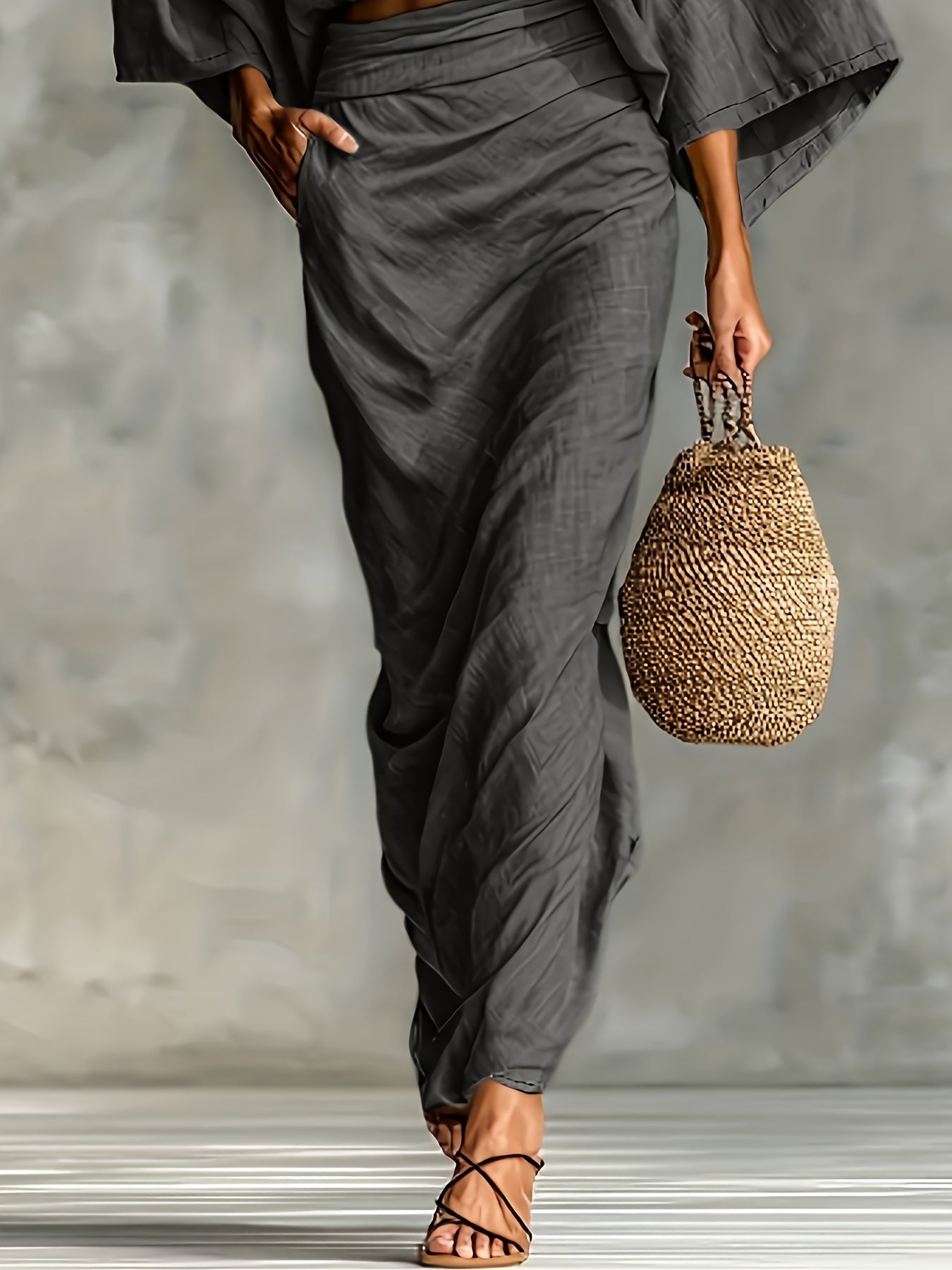 Conjunto Elegante de Top Curto com Mangas Morcego e Saia Dividida de Cintura Subida | Cor Sólida, Gola Redonda, Detalhe de Bolso, Roupa Casual Versátil