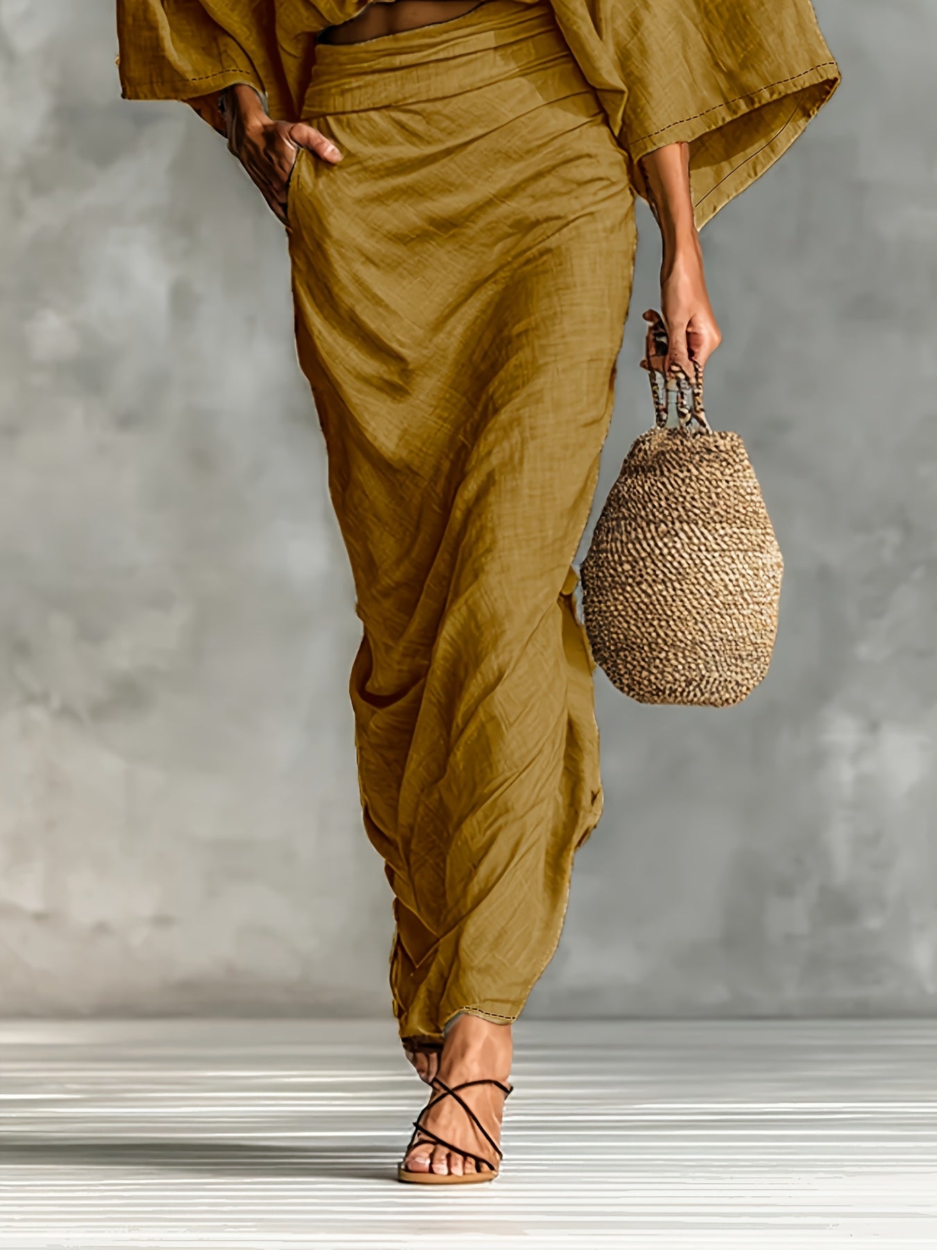 Conjunto Elegante de Top Curto com Mangas Morcego e Saia Dividida de Cintura Subida | Cor Sólida, Gola Redonda, Detalhe de Bolso, Roupa Casual Versátil