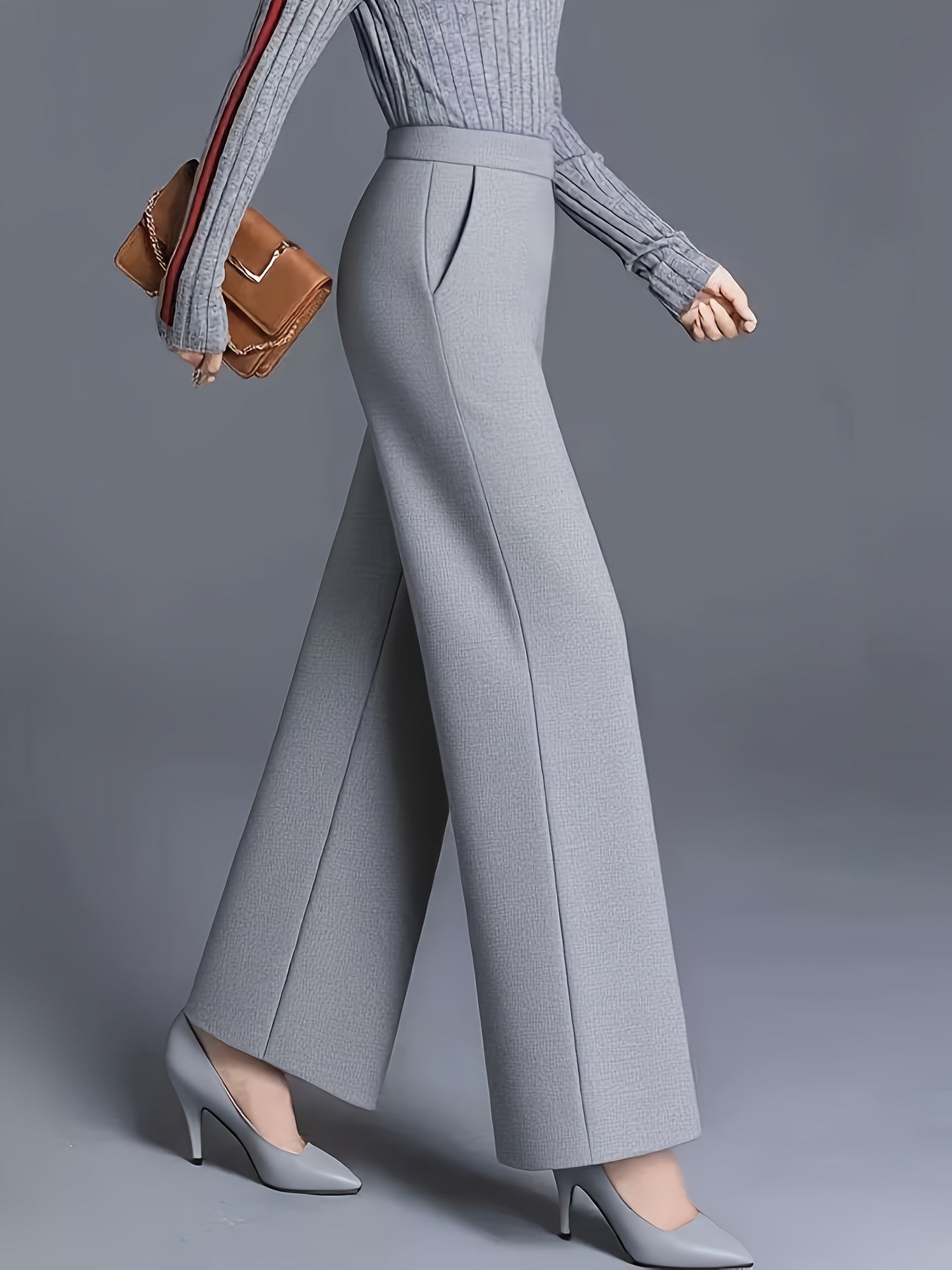 Calças Elegantes de Cintura Subida e Perna Larga | Ajuste Solto Confortável, Cor Lisa, Design Assimétrico com Bolsos, Roupa Casual para Todas as Estações, Lavável na Máquina