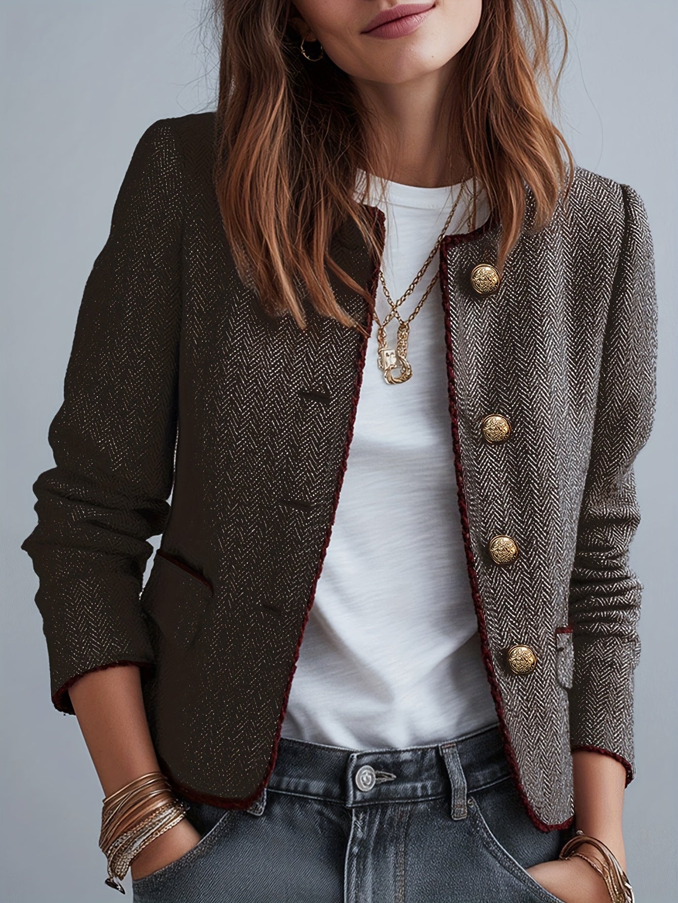 Casaco Elegante Casual de Mulher em Tweed Espinha de Peixe para as Quatro Estações com Cinto | Cor Sólida, Design Sem Gola