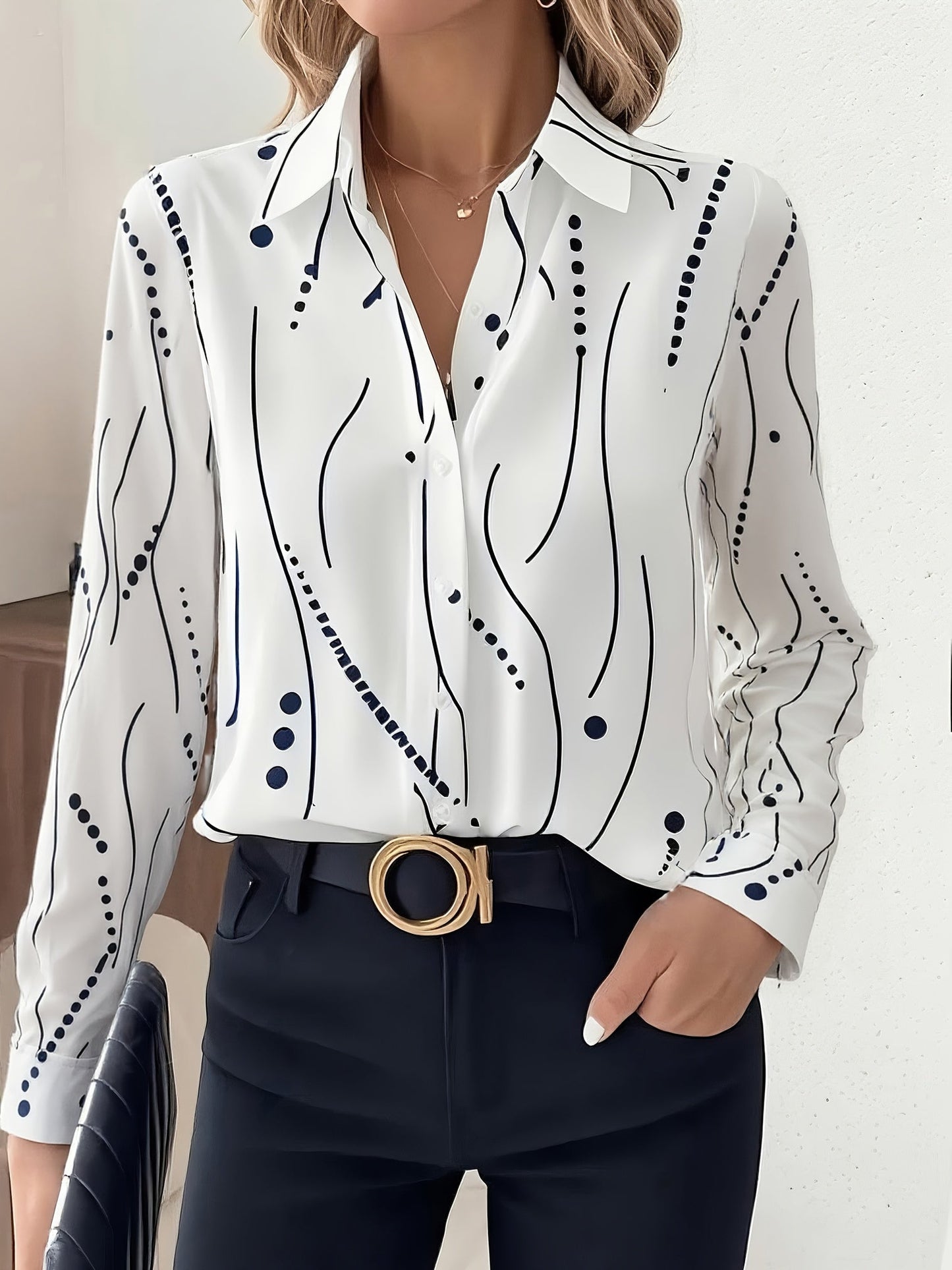 Blusa elegante para mulheres - Camisa branca e preta com botões na frente e gola aberta, blusa de escritório e festa para todas as estações para mulheres, vestuário formal, mangas morcego, costura de qualidade, blusa com botões, amantes da moda