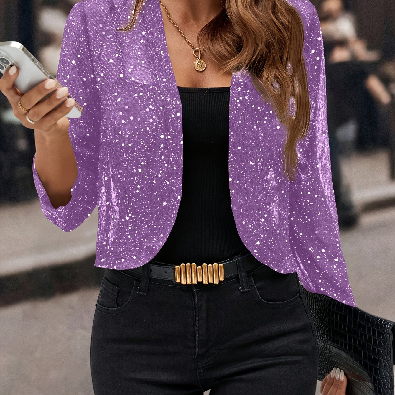 Jaqueta Cardigan Feminina com Lantejoulas e Glitter, Tecido Plissado em Folha Dourada Manga 3/4 Blazer Curto para Casual de Negócios