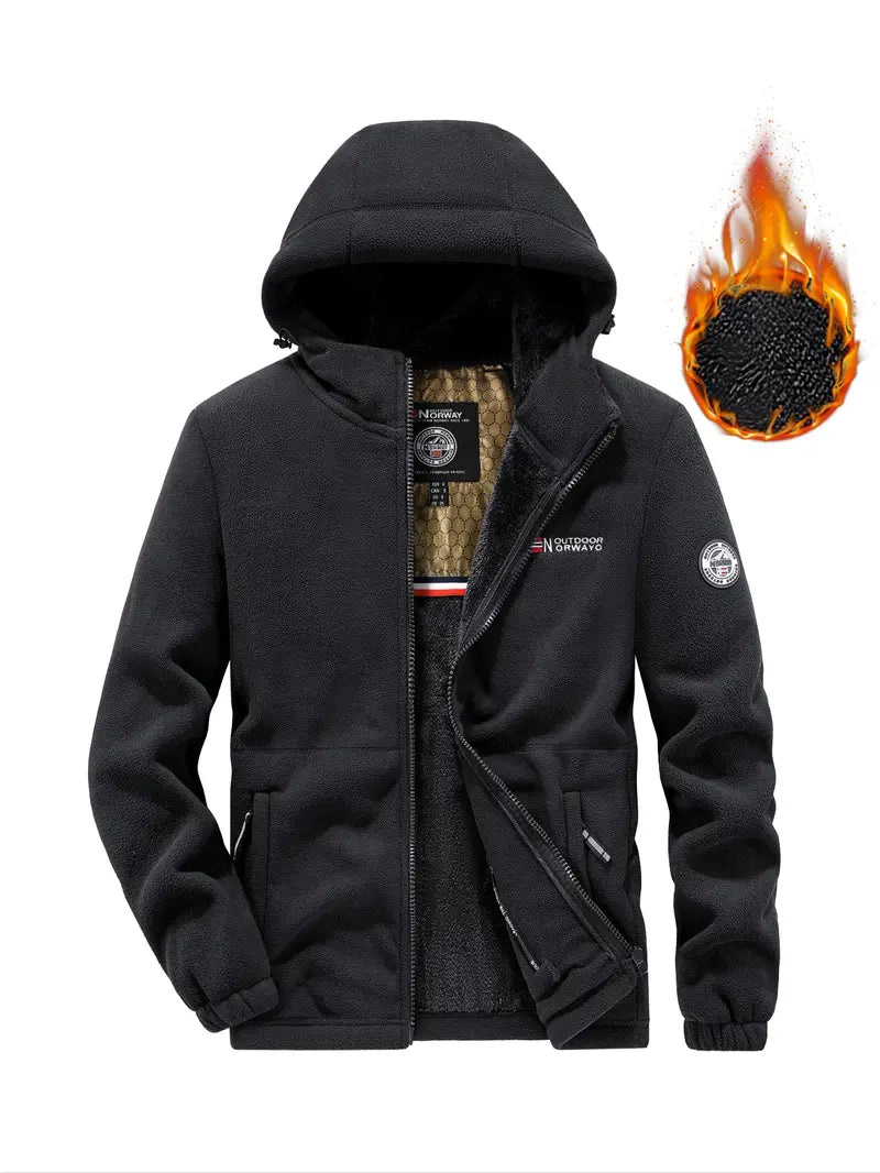 Men's Hooded Casual Fleece Jacket with Zipper, Embroidered Letter Design