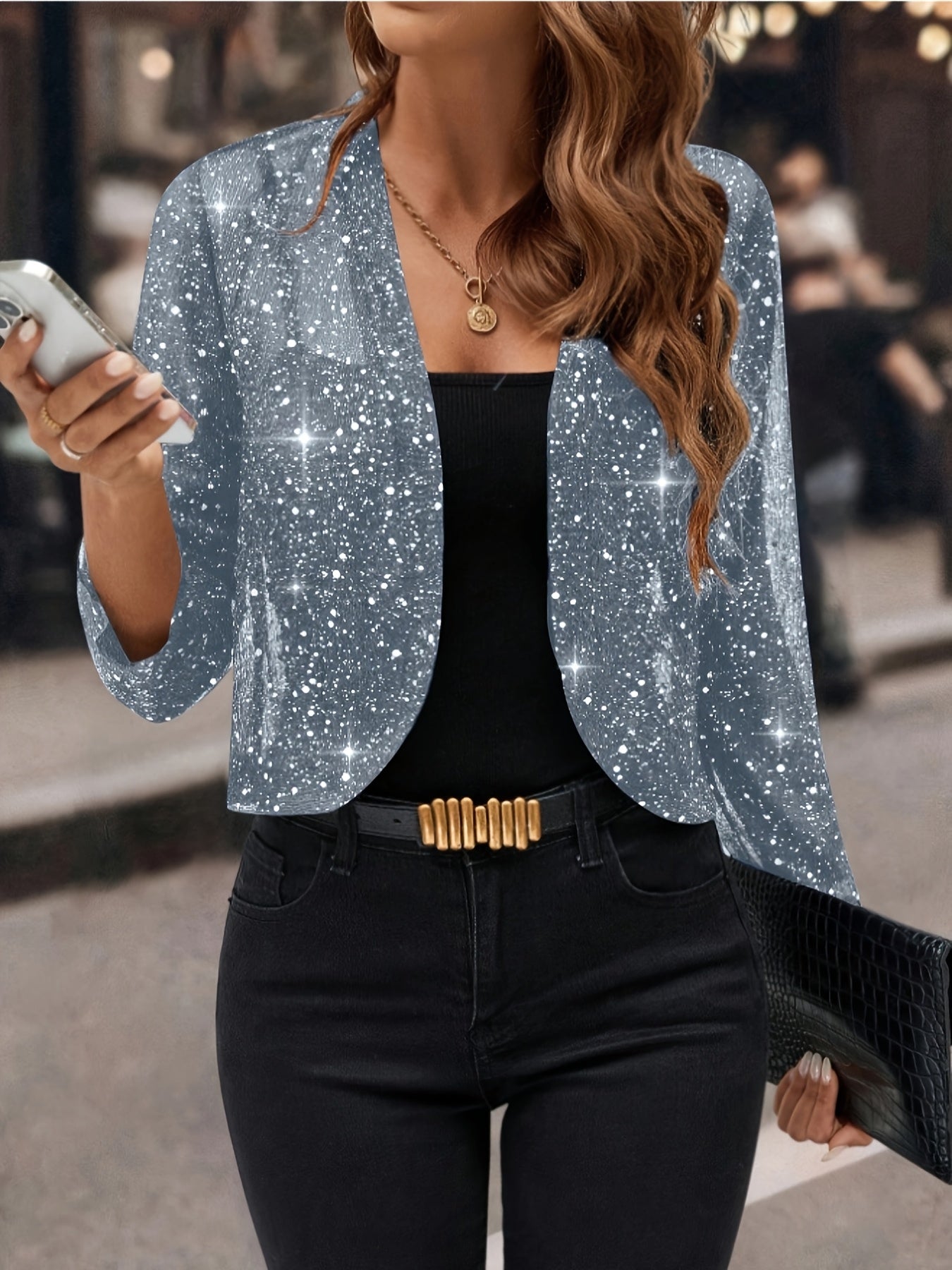 Jaqueta Cardigan Feminina com Lantejoulas e Glitter, Tecido Plissado em Folha Dourada Manga 3/4 Blazer Curto para Casual de Negócios
