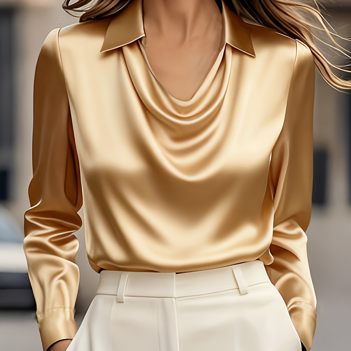 Camisa de Cetim Elegante | Decote em V, Manga Comprida, Corte Larga, Adequada para Todas as Estações, Ideal para Ocasiões Casuais ou Formais, Textura Suave
