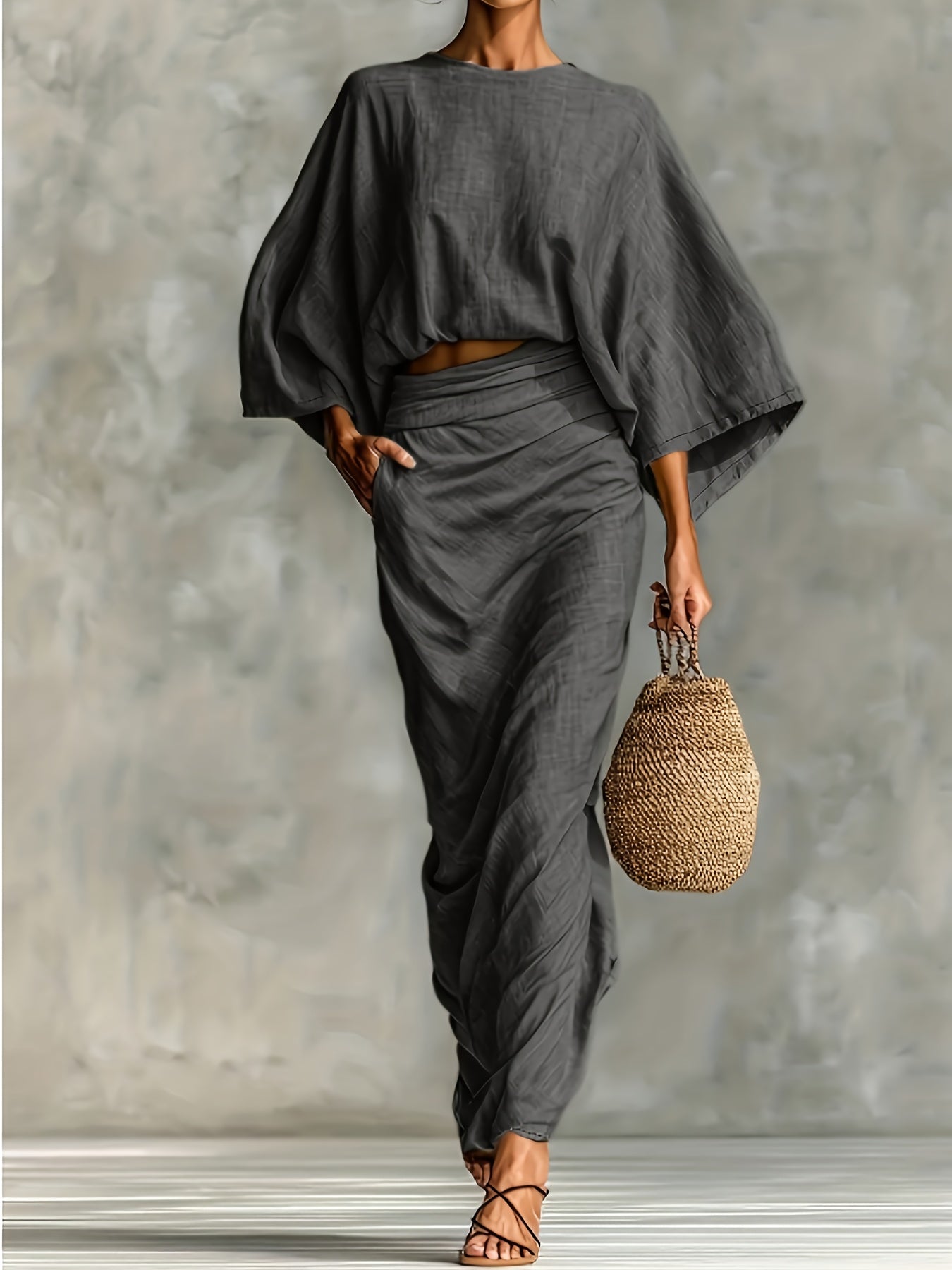 Conjunto Elegante de Top Curto com Mangas Morcego e Saia Dividida de Cintura Subida | Cor Sólida, Gola Redonda, Detalhe de Bolso, Roupa Casual Versátil