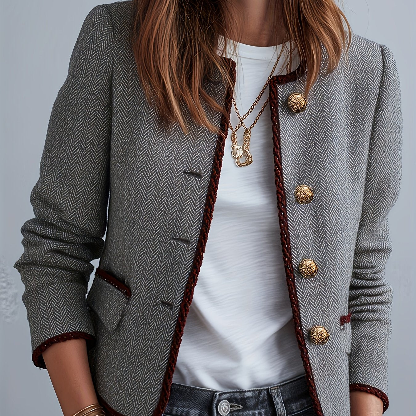 Blazer Elegante de Pata de Canguru Feminino, Casaco de Outono/Inverno com Detalhe de Carcela Vermelha, Fecho de Botões de Um Botão, Corte Regular, Comprimento Curto, Versátil para Uso Casual, Fim de Semana e Formal, Cor Sólida, Manga Regular, Respirável