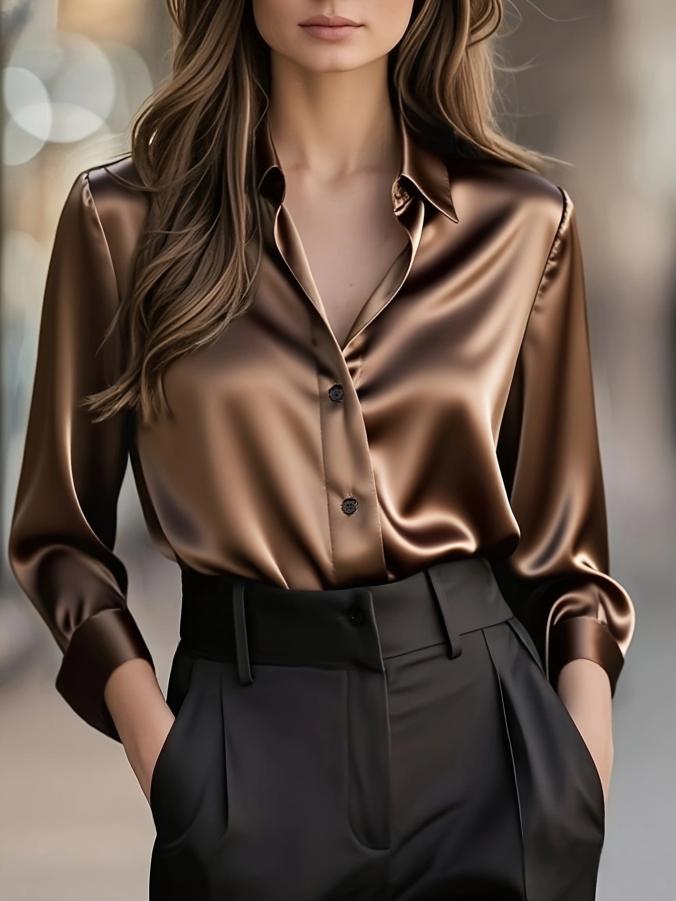 Blusa Elegante de Cetim de Cor Sólida para Mulher | Estação Primavera/Outono, Manga Comprida, Abotoadura Simples, Corte Normal