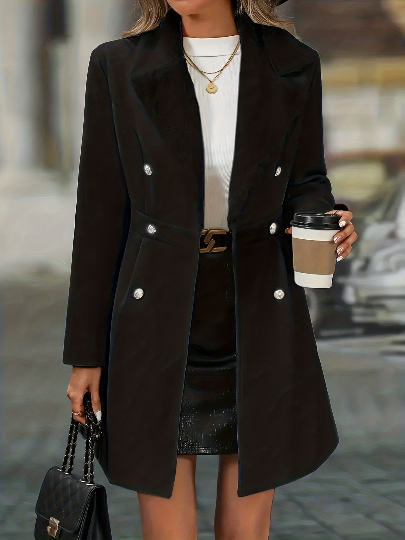 Casaco de Tweed Preto Elegante para Mulheres - Peça de Inverno Formal e Casual, Lavável na Máquina, Ideal para Escritório, Festas e Lazer - Casaco de Inverno com Detalhes de Falso Acabamento e Botões Estilosos