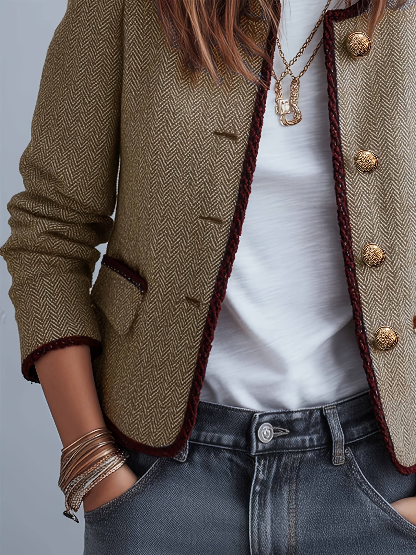 Blazer Elegante de Pata de Canguru Feminino, Casaco de Outono/Inverno com Detalhe de Carcela Vermelha, Fecho de Botões de Um Botão, Corte Regular, Comprimento Curto, Versátil para Uso Casual, Fim de Semana e Formal, Cor Sólida, Manga Regular, Respirável