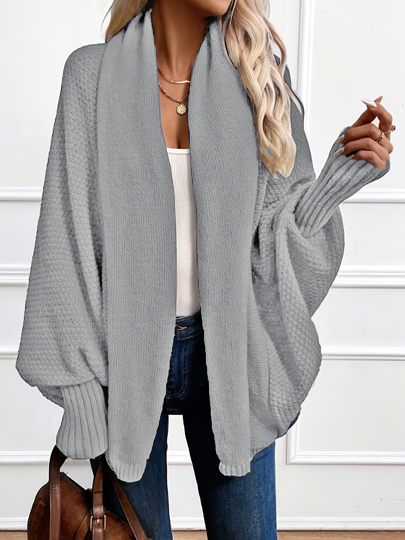 Cardigan Elegante de Cor Lisa com Mangas Lanterna e Gola Chales para Mulher, Ideal para o Outono e Inverno.