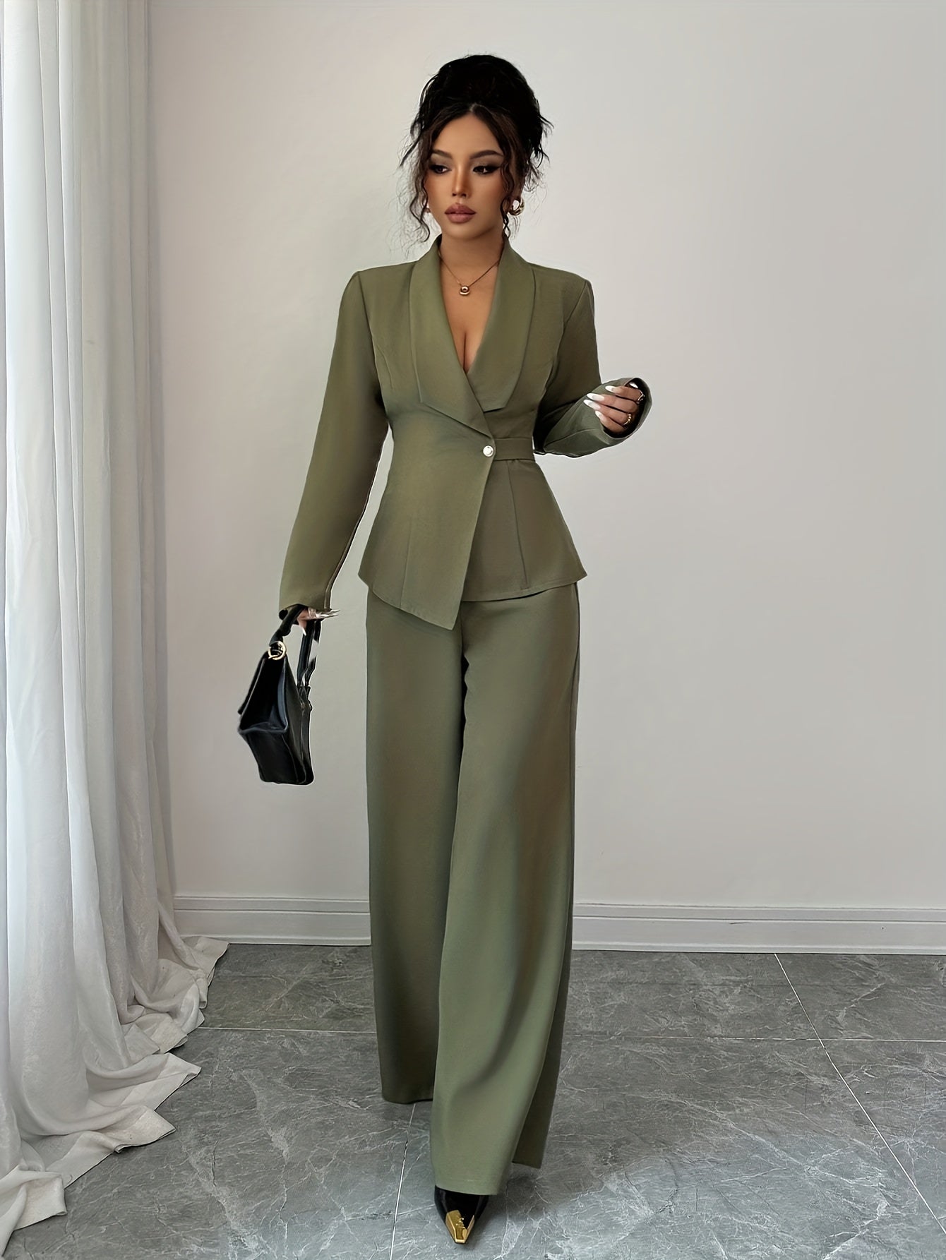 Conjunto de Roupa de Deslocações Moderno e Elegante em Cor Sólida | 2 Peças, Calças Elegantes com Detalhes de Botões para a Primavera/Outono