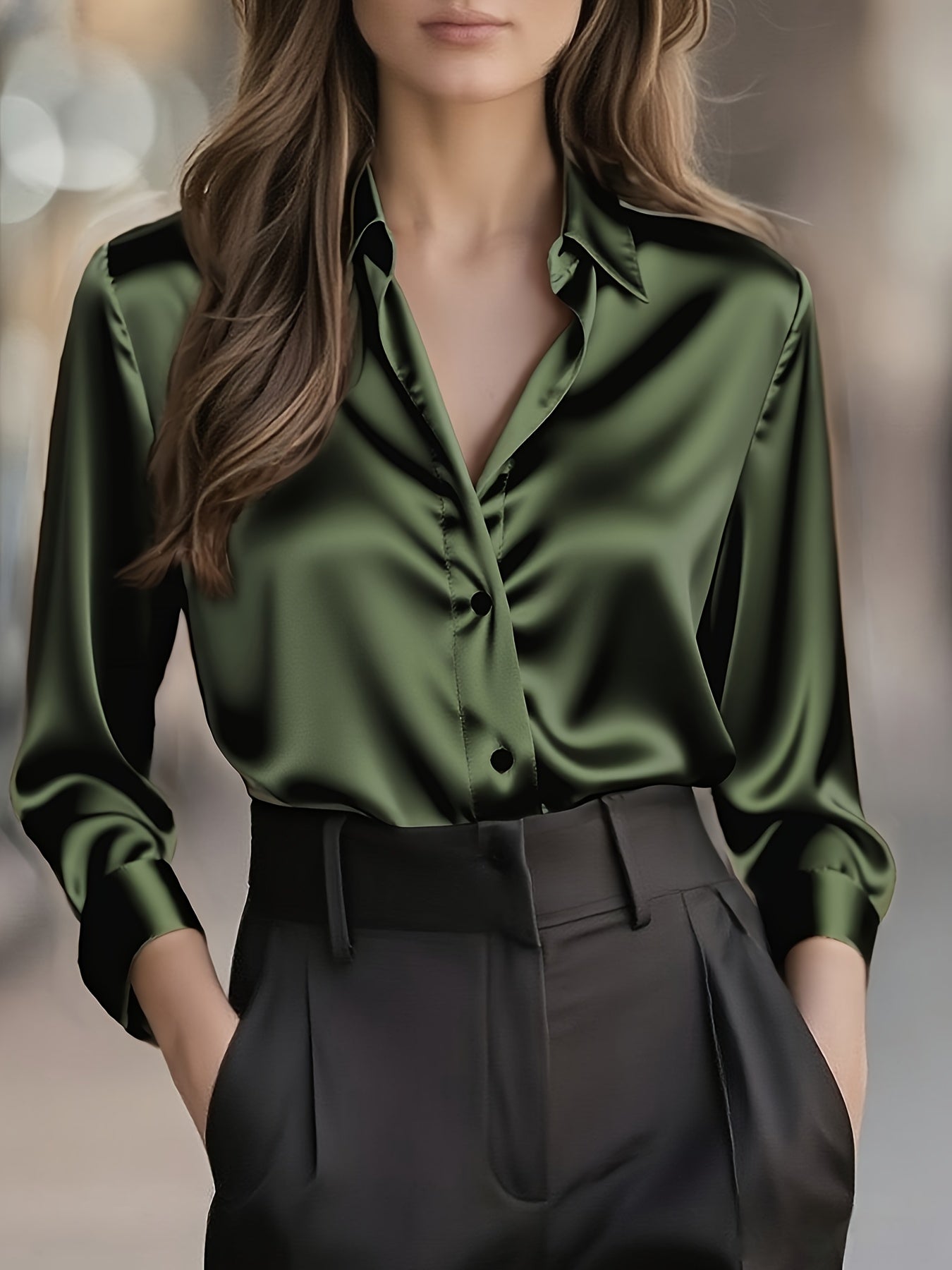 Blusa Elegante de Cetim de Cor Sólida para Mulher | Estação Primavera/Outono, Manga Comprida, Abotoadura Simples, Corte Normal