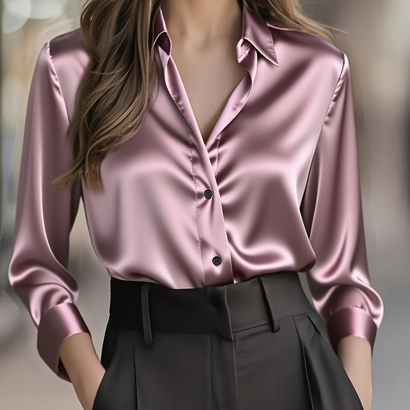 Blusa Elegante de Cetim de Cor Sólida para Mulher | Estação Primavera/Outono, Manga Comprida, Abotoadura Simples, Corte Normal